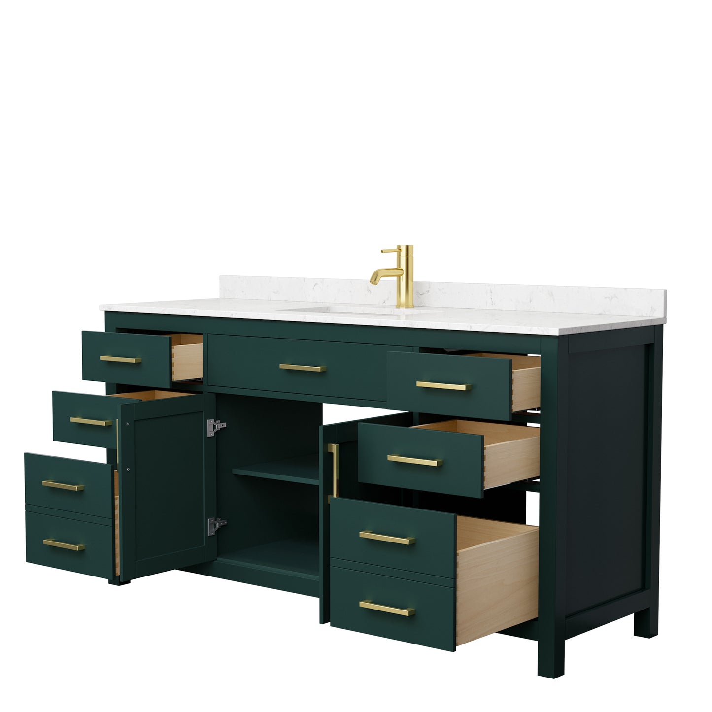 Beckett 66" Single Vanity in Green, Carrara Cultured Marble Top, Gold Trim