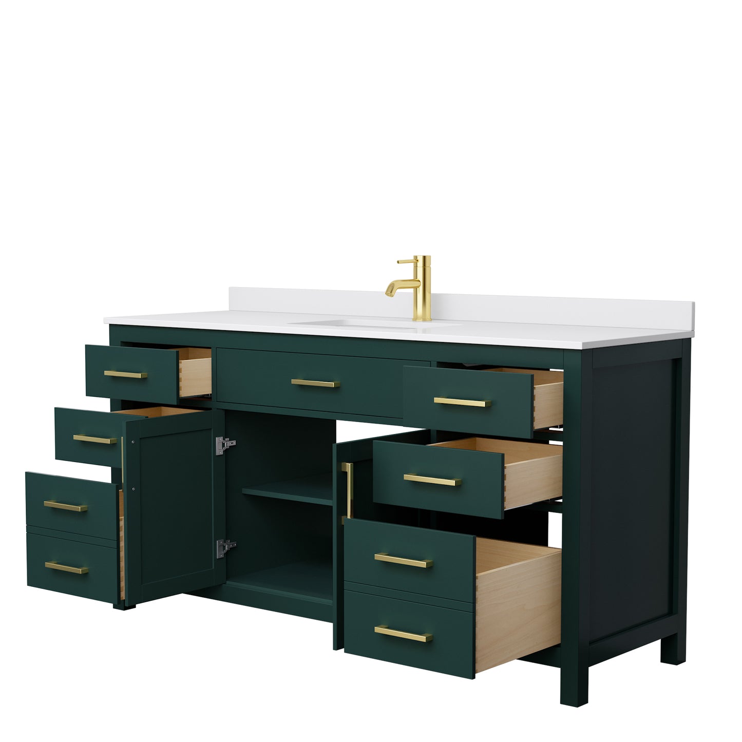 Beckett 66" Single Vanity in Green, White Cultured Marble Top, Gold Trim