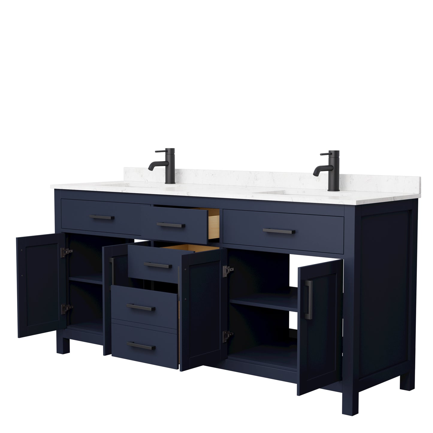 Beckett 72" Double Vanity in Dark Blue, Carrara Cultured Marble Top, Black Trim