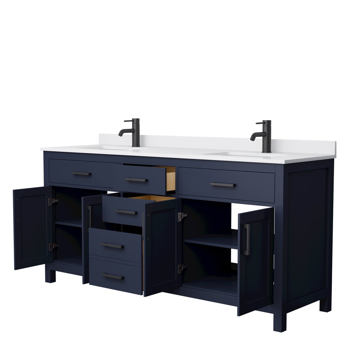 Beckett 72" Double Vanity in Dark Blue, White Cultured Marble Top, Black Trim
