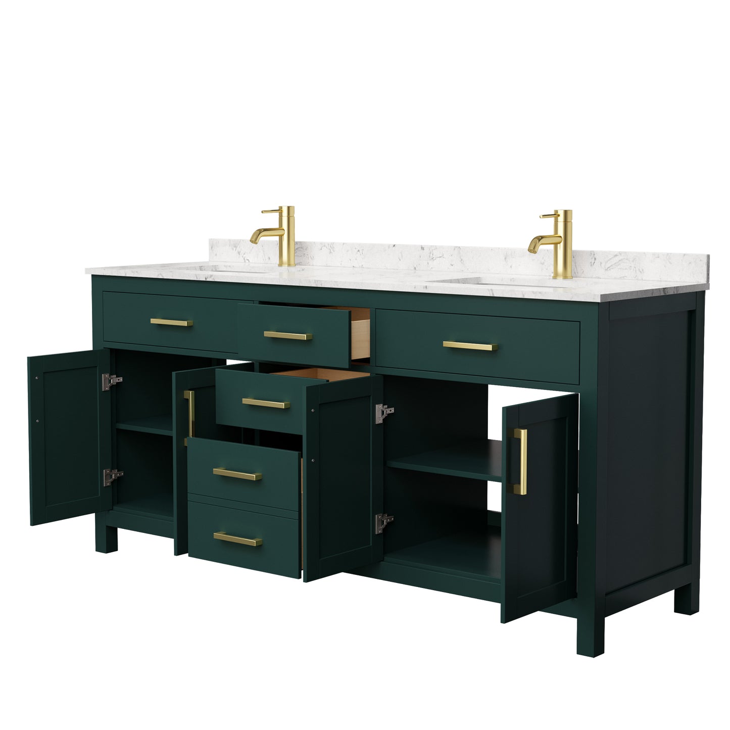 Beckett 72" Double Vanity in Green, Carrara Cultured Marble Top, Gold Trim