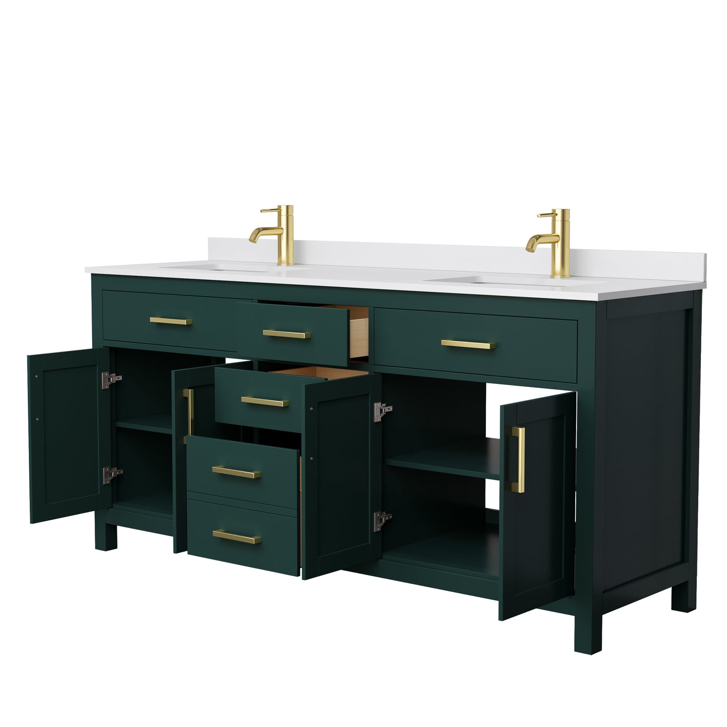 Beckett 72" Double Vanity in Green, White Cultured Marble Top, Gold Trim
