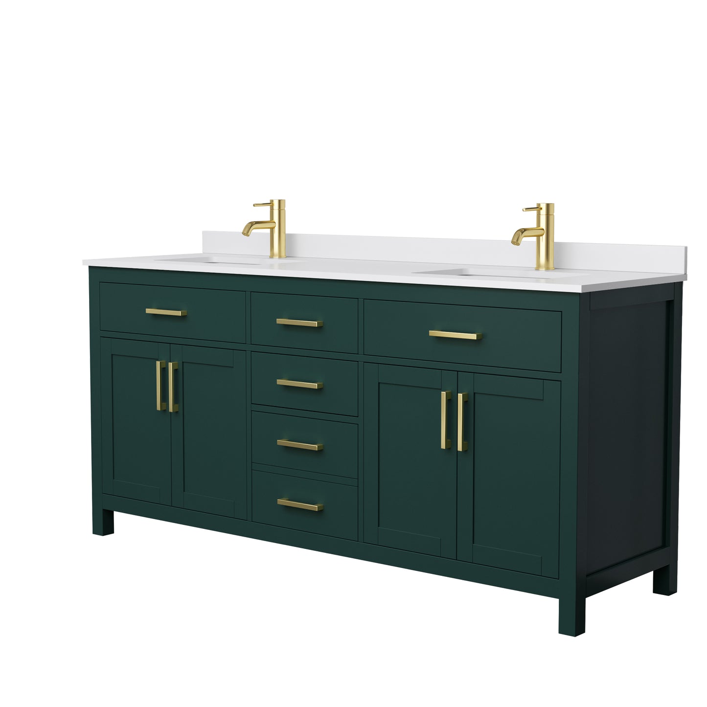 Beckett 72" Double Vanity in Green, White Cultured Marble Top, Gold Trim