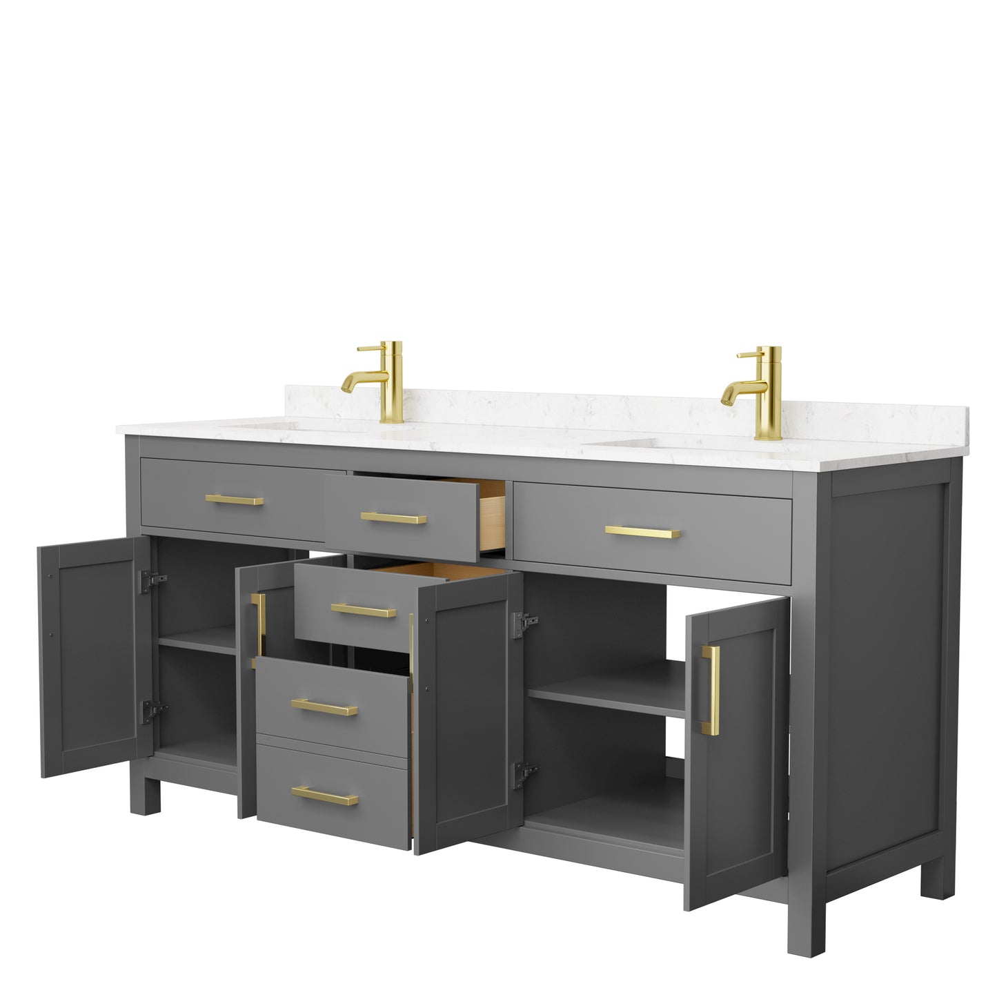 Beckett 72" Double Vanity in Dark Gray, Carrara Cultured Marble Top, Gold Trim