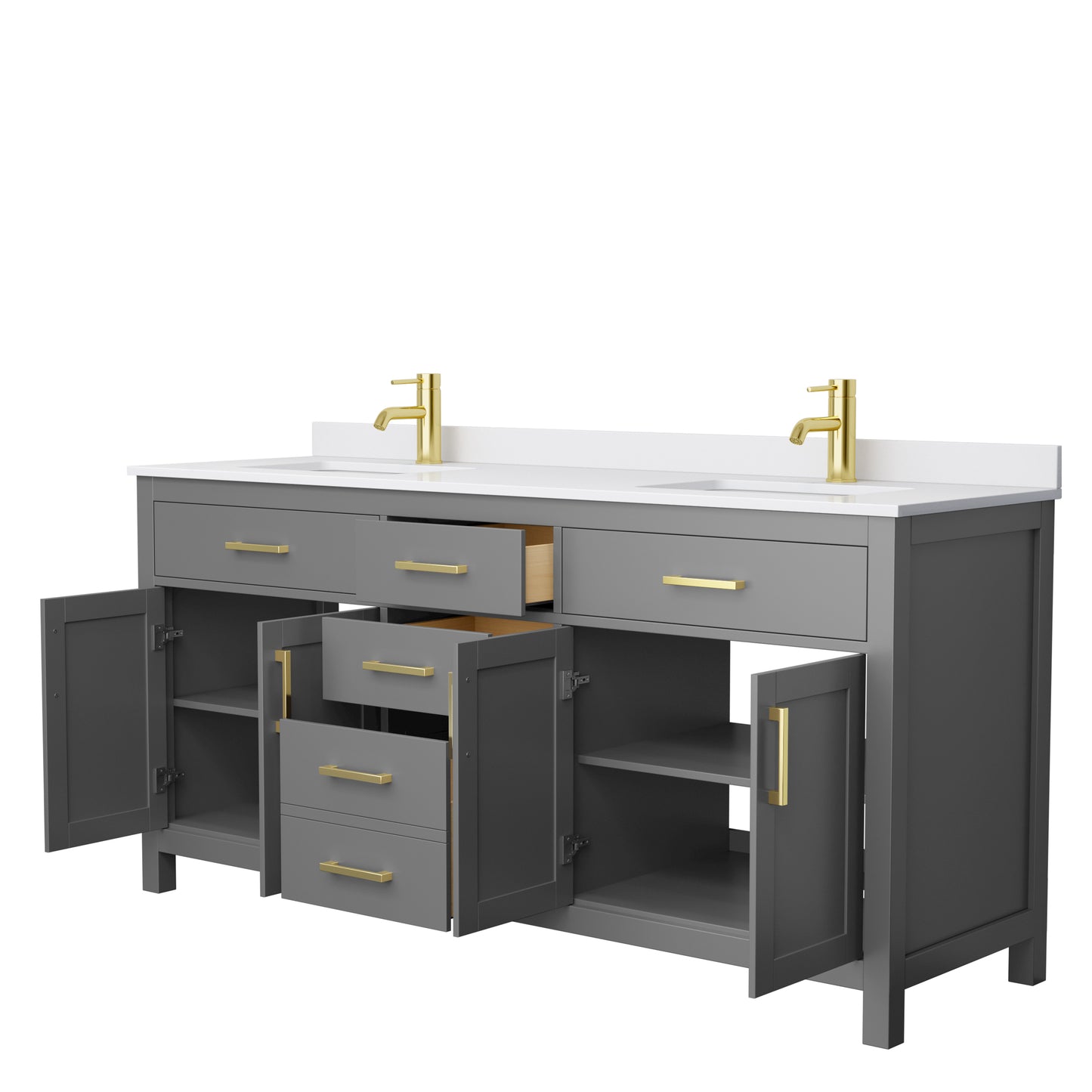 Beckett 72" Double Vanity in Dark Gray, White Cultured Marble Top, Gold Trim