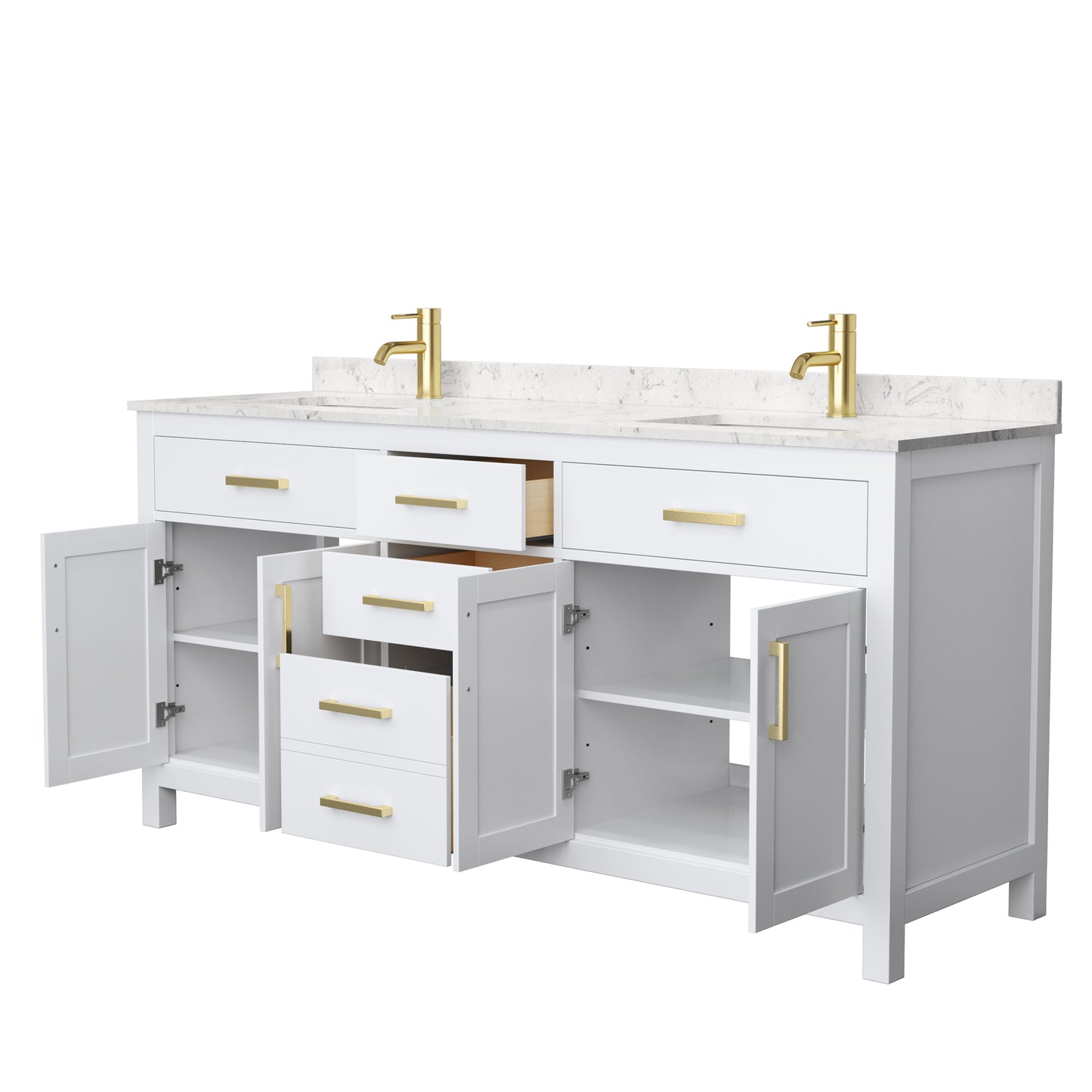 Beckett 72" Double Vanity in White, Carrara Cultured Marble Top, Gold Trim