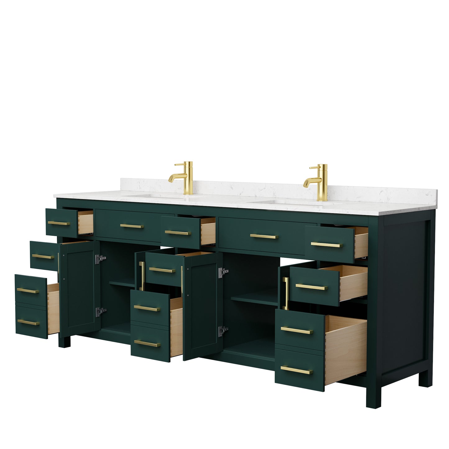 Beckett 84" Double Vanity in Green, Carrara Cultured Marble Top, Gold Trim