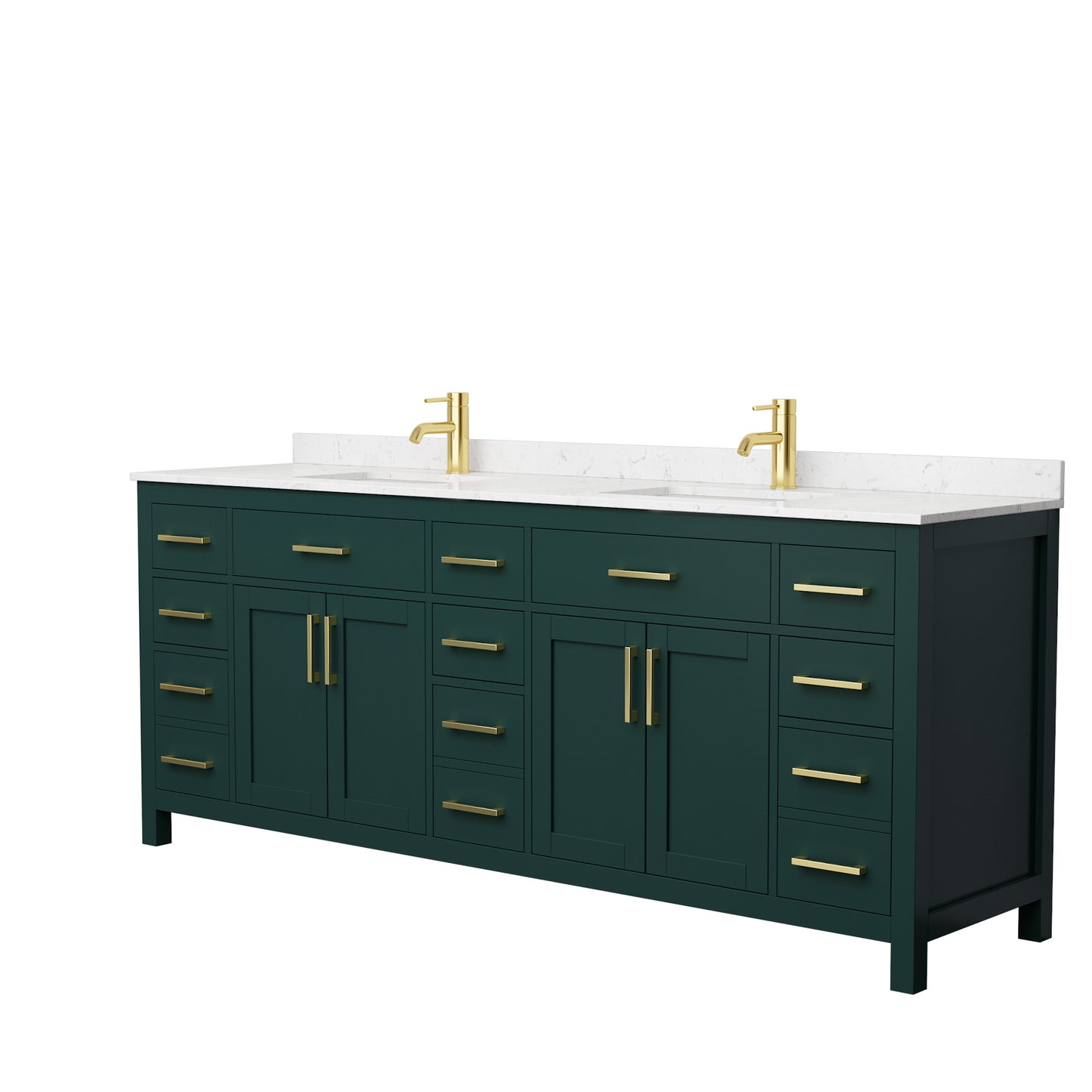 Beckett 84" Double Vanity in Green, Carrara Cultured Marble Top, Gold Trim