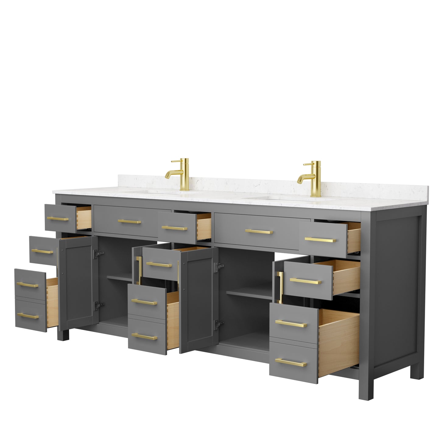 Beckett 84" Double Vanity in Dark Gray, Carrara Cultured Marble Top, Gold Trim