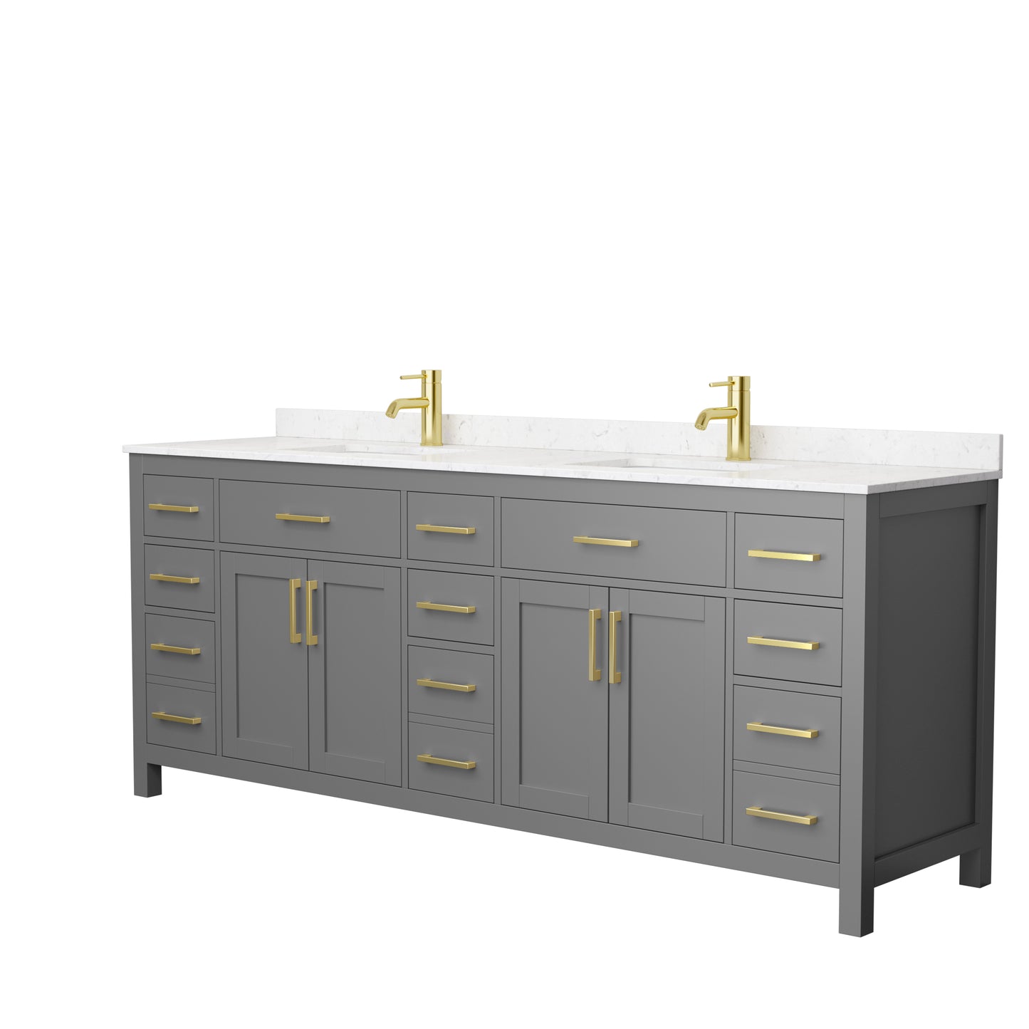 Beckett 84" Double Vanity in Dark Gray, Carrara Cultured Marble Top, Gold Trim