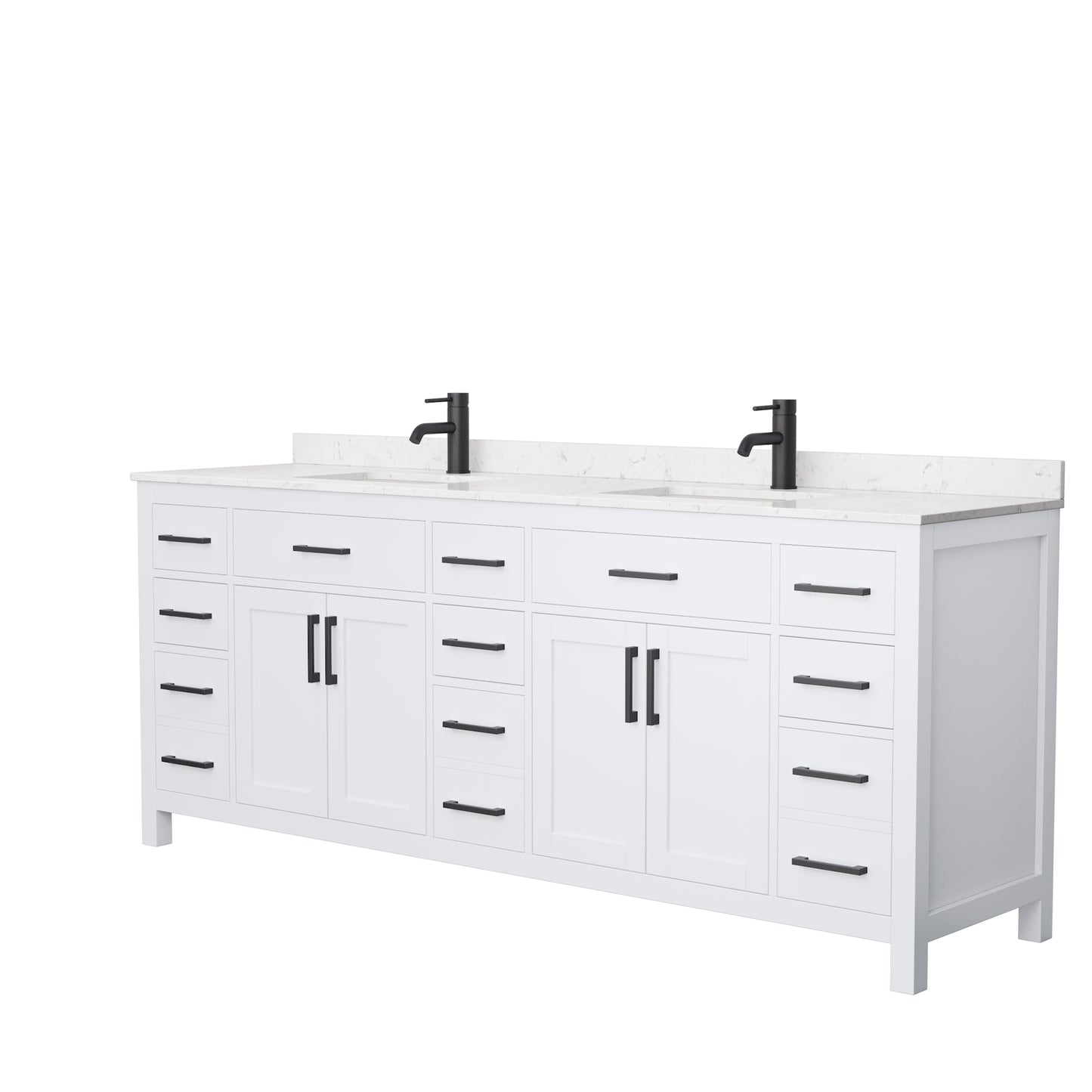 Beckett 84" Double Vanity in White, Carrara Cultured Marble Top, Black Trim