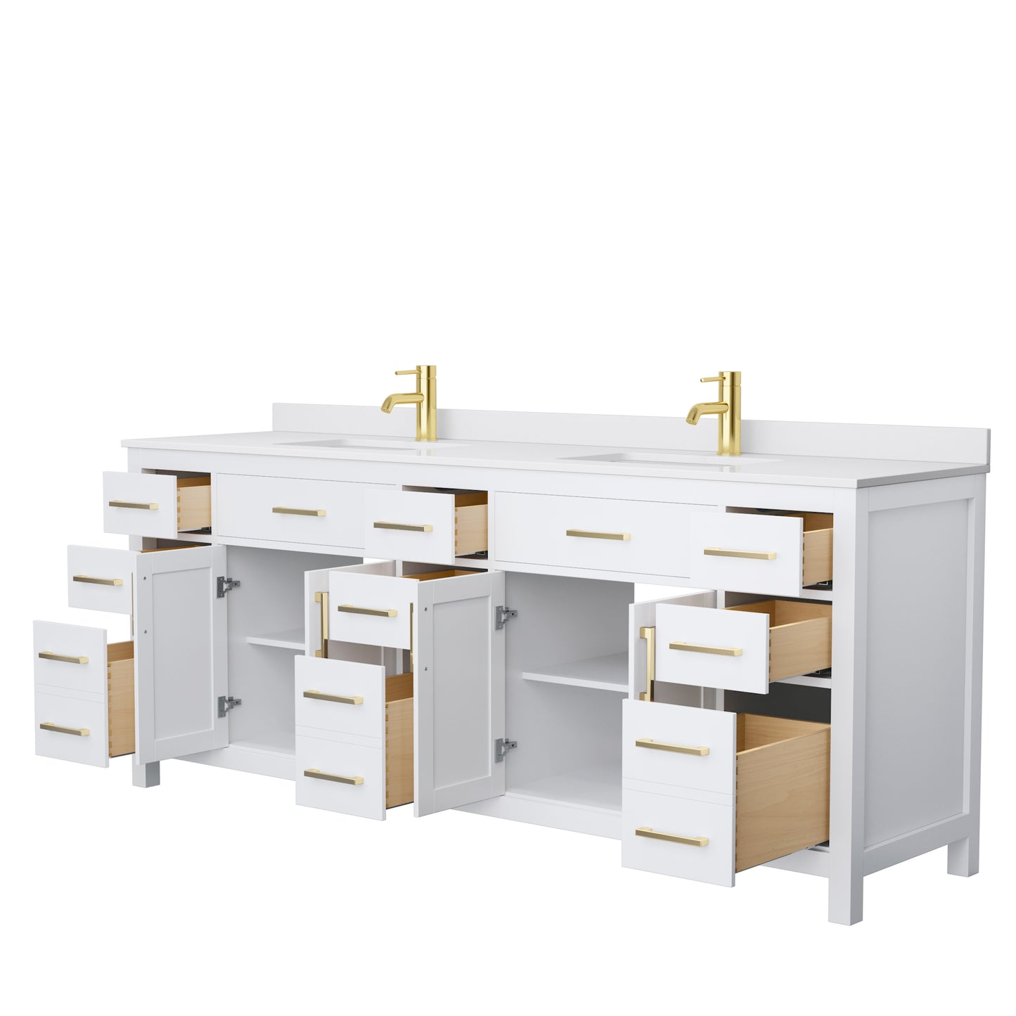 Beckett 84" Double Vanity in White, White Cultured Marble Top, Gold Trim