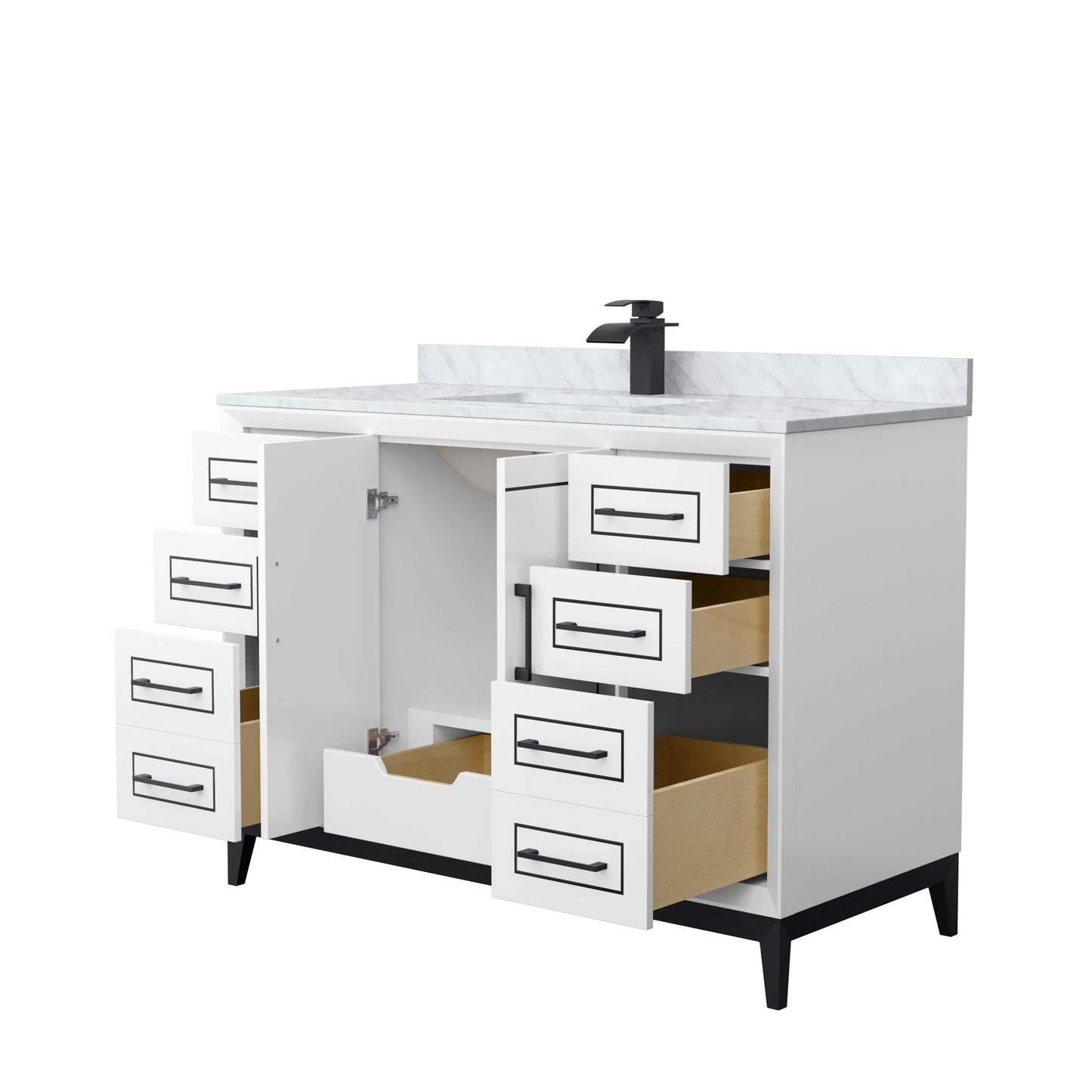 Marlena 48 " Single Vanity in White, White Carrara Marble Top, Sink, Black Trim
