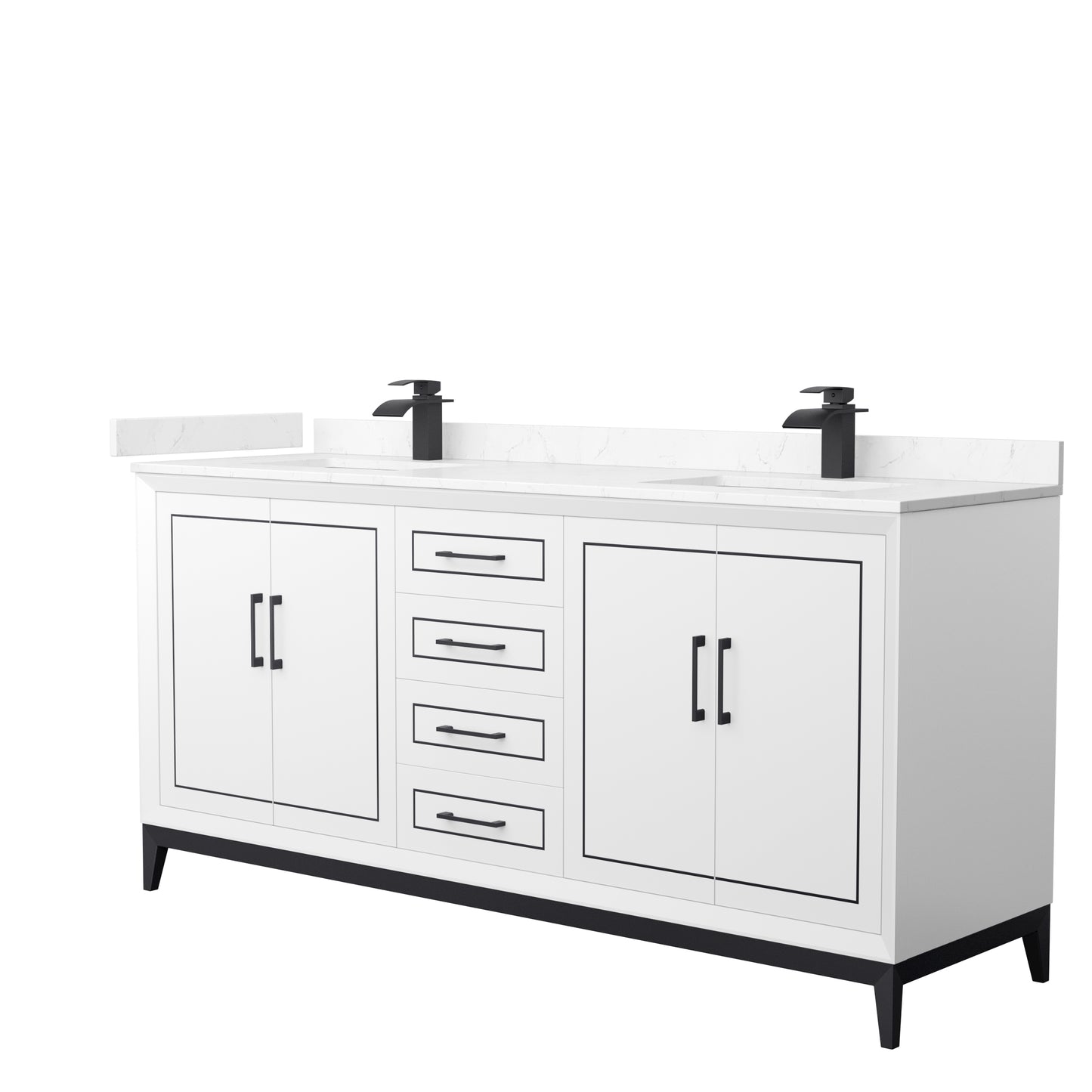 Marlena 72 " Double Vanity in White, Carrara Marble Top, Sinks, Black Trim