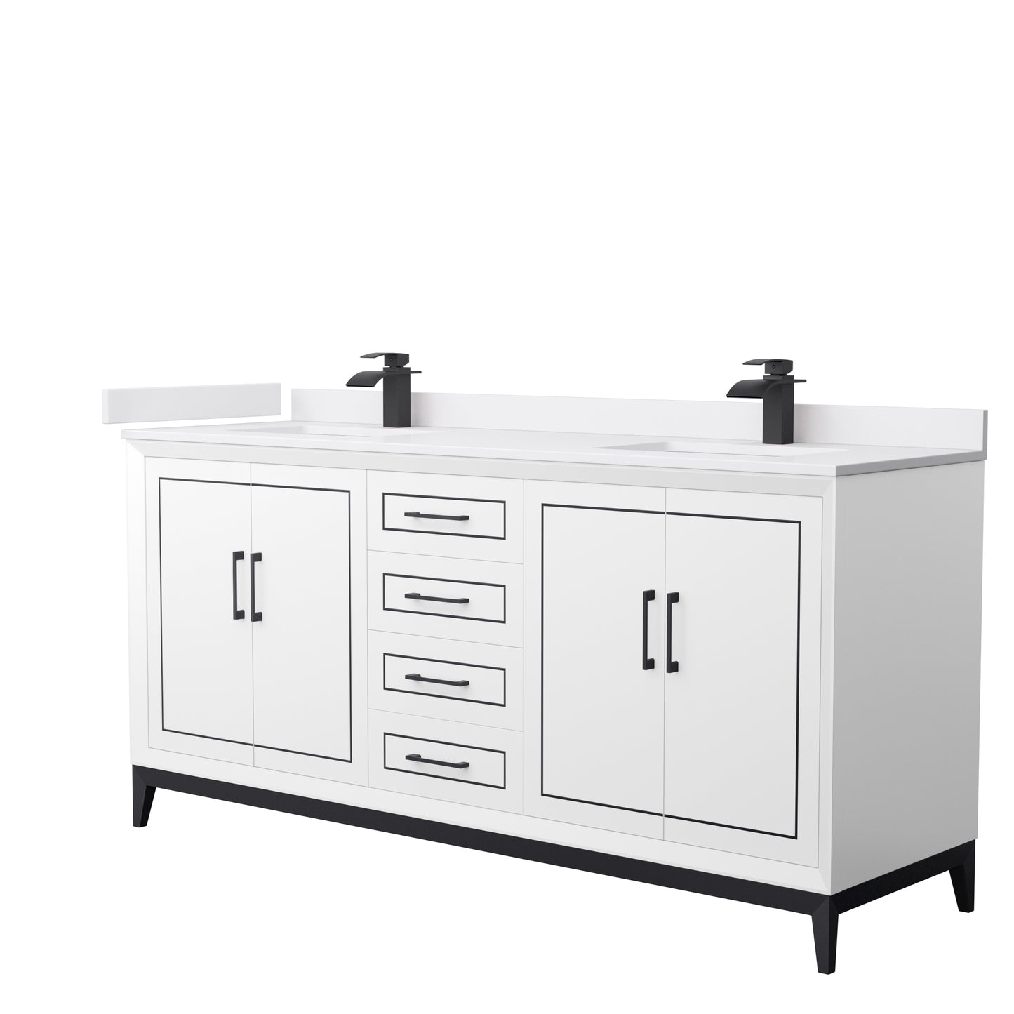 Marlena 72 " Double Vanity in White, White Marble Top, Sinks, Black Trim