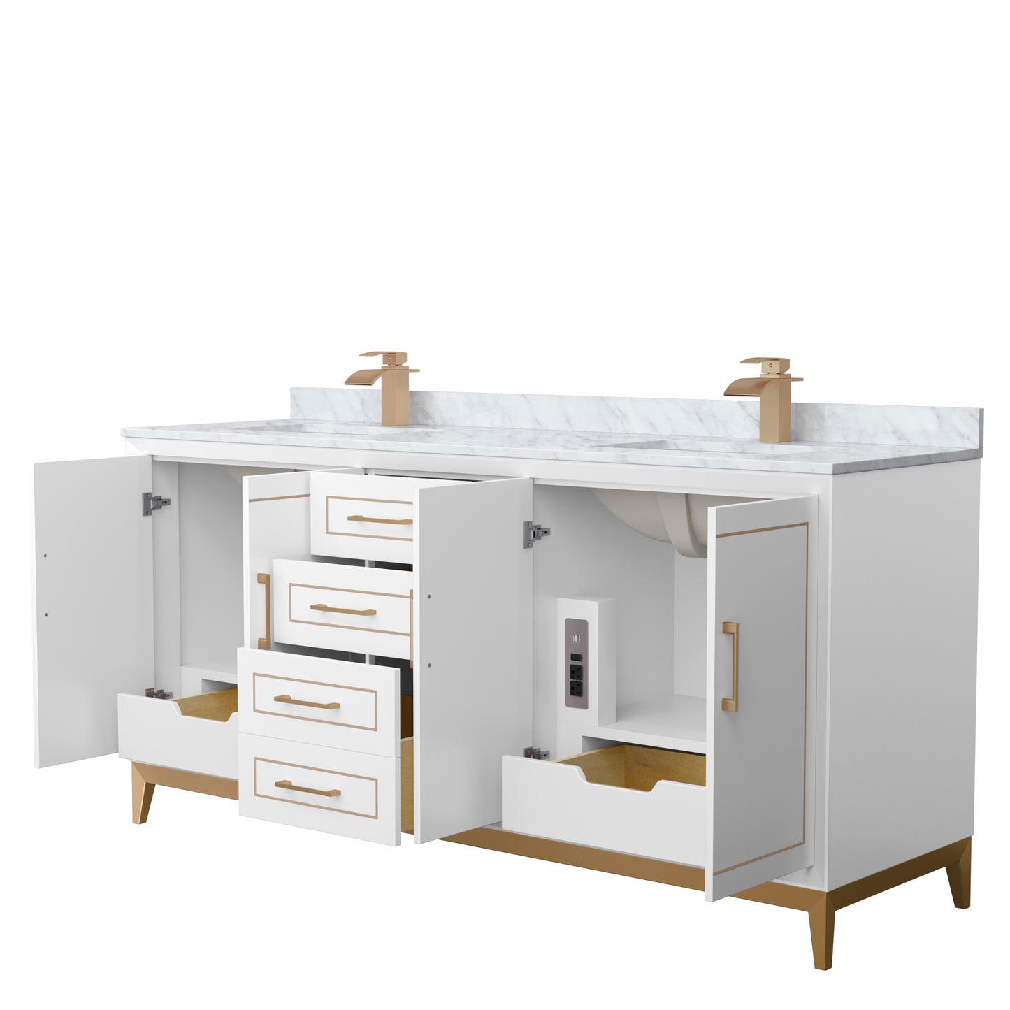 Marlena 72 " White Double Vanity, White Carrara Marble Top, Sinks, Bronze Trim