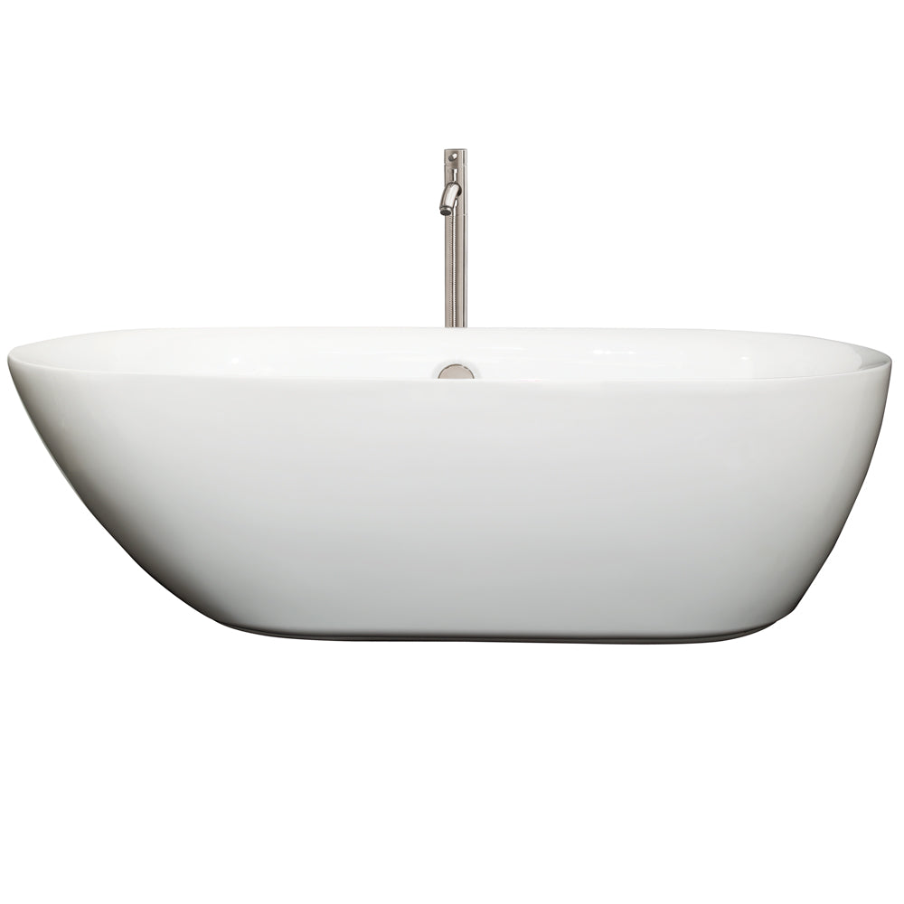 Melissa 71 inch Freestanding Bathtub in White with Floor Mounted Faucet, Drain and Overflow Trim in Brushed Nickel