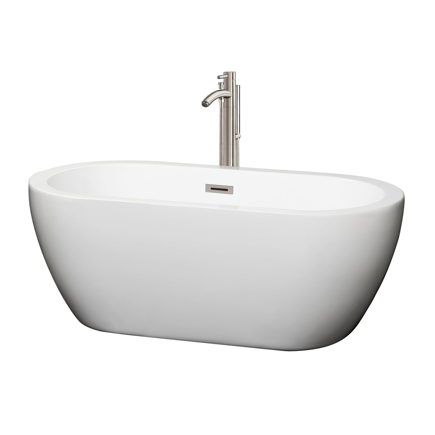 Soho 60 inch Freestanding Bathtub in White with Floor Mounted Faucet, Drain and Overflow Trim in Brushed Nickel