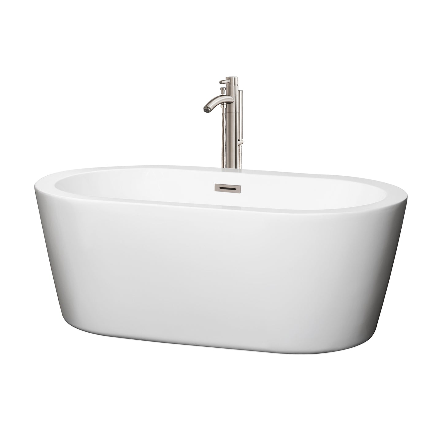 Mermaid 60 inch Freestanding Bathtub in White with Floor Mounted Faucet, Drain and Overflow Trim in Brushed Nickel