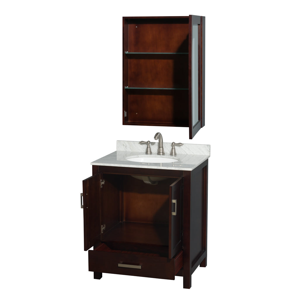 Sheffield 30" Single Vanity in Espresso, Top, Oval Sink, Medicine Cabinet