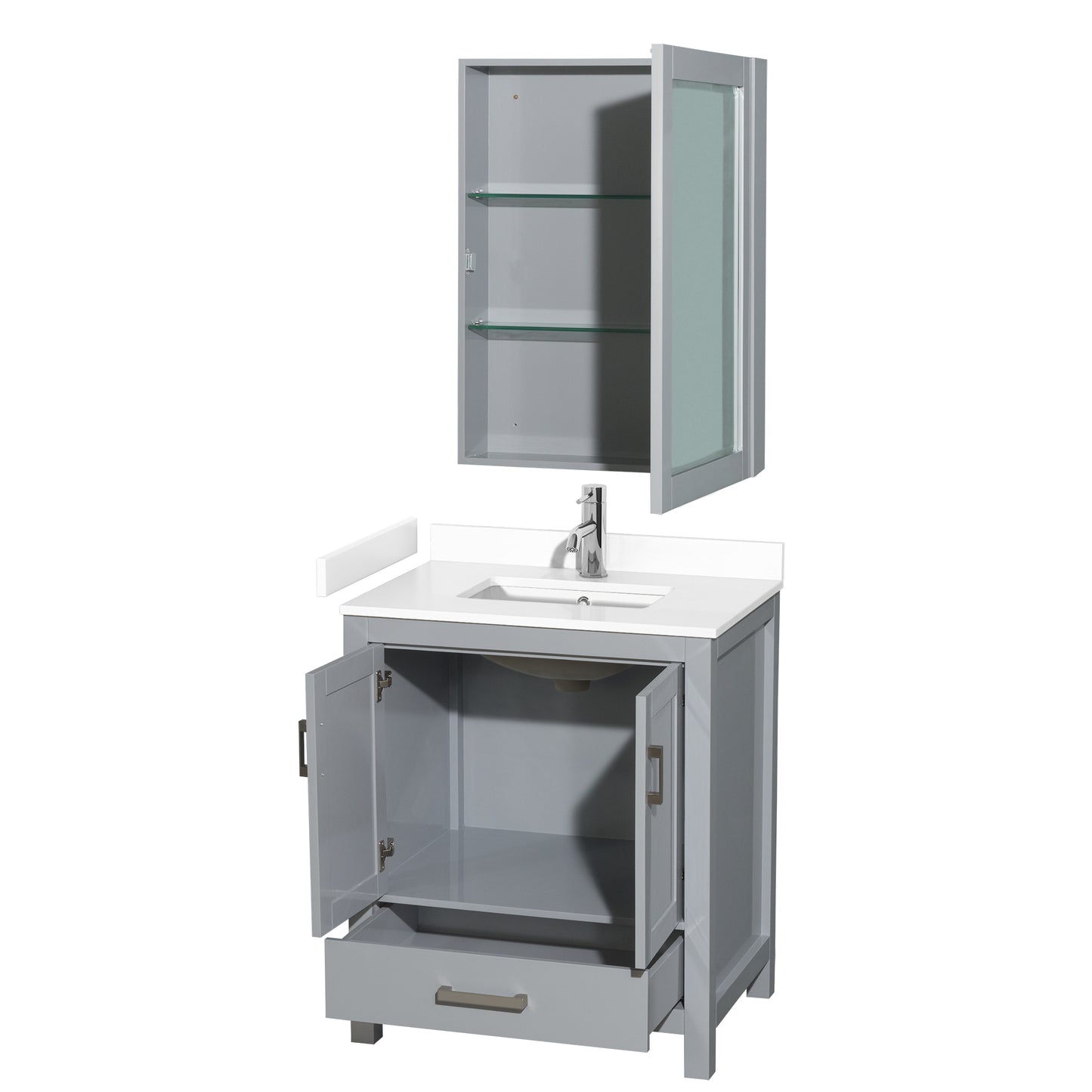 Sheffield 30" Single Vanity in Gray, White Marble Top, Square Medicine Cabinet