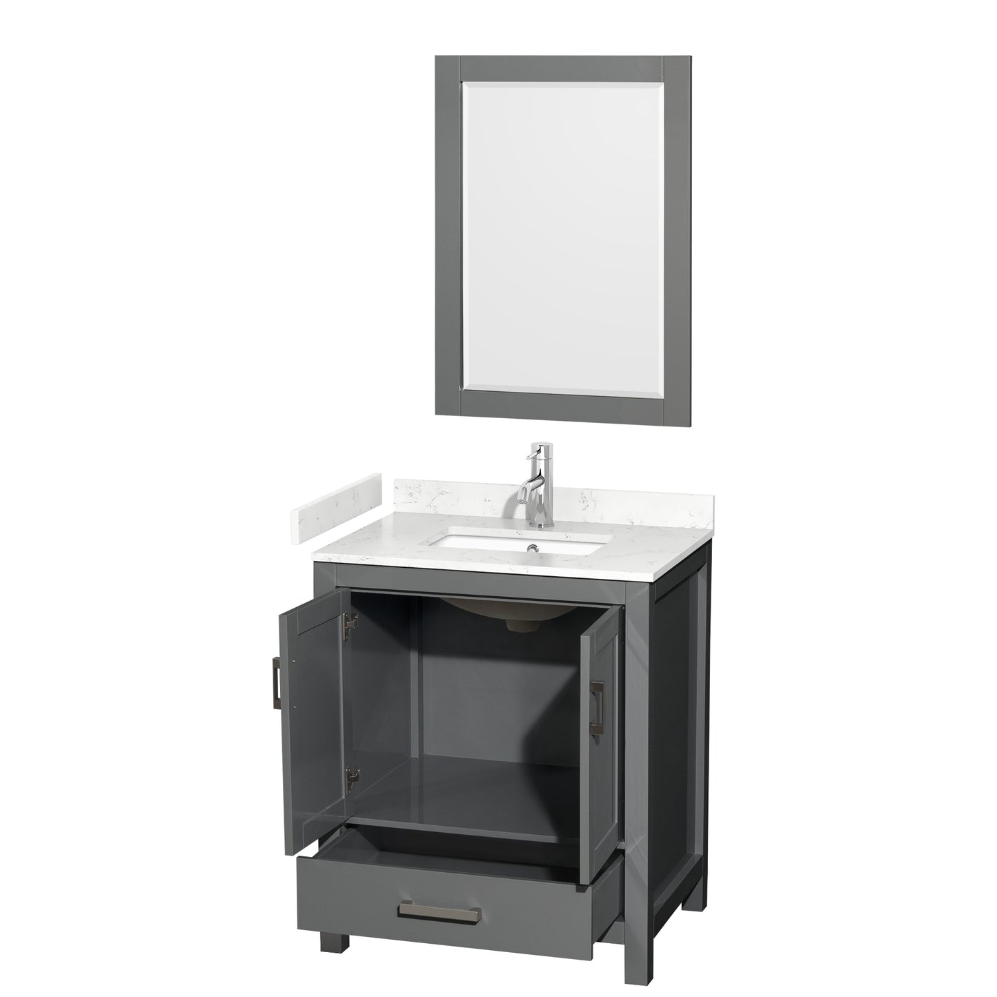 Sheffield 30" Single Vanity in Dark Gray, Carrara Marble Top, Square 24" Mirror