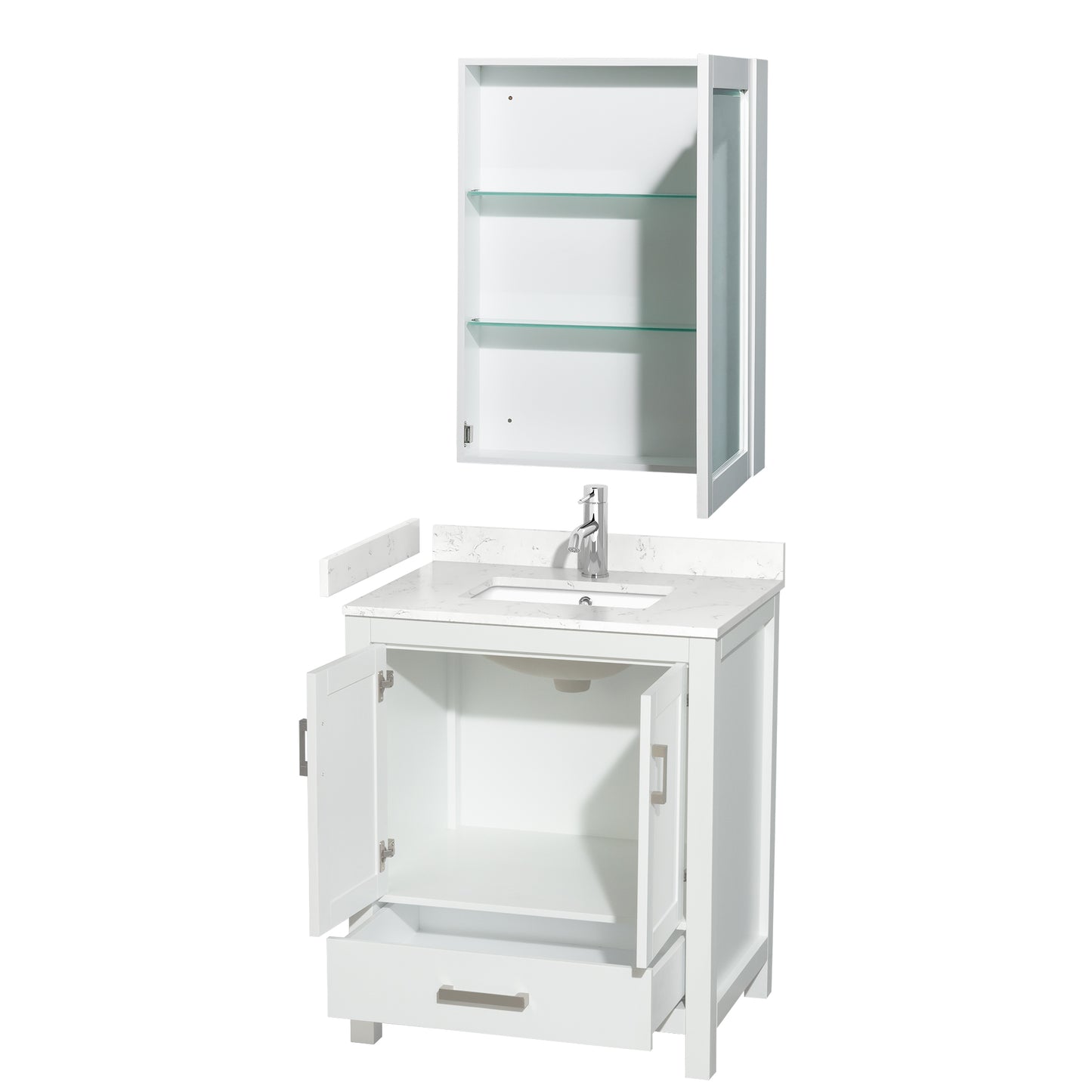 Sheffield 30" Single Vanity in White, Carrara Marble Top, Medicine Cabinet