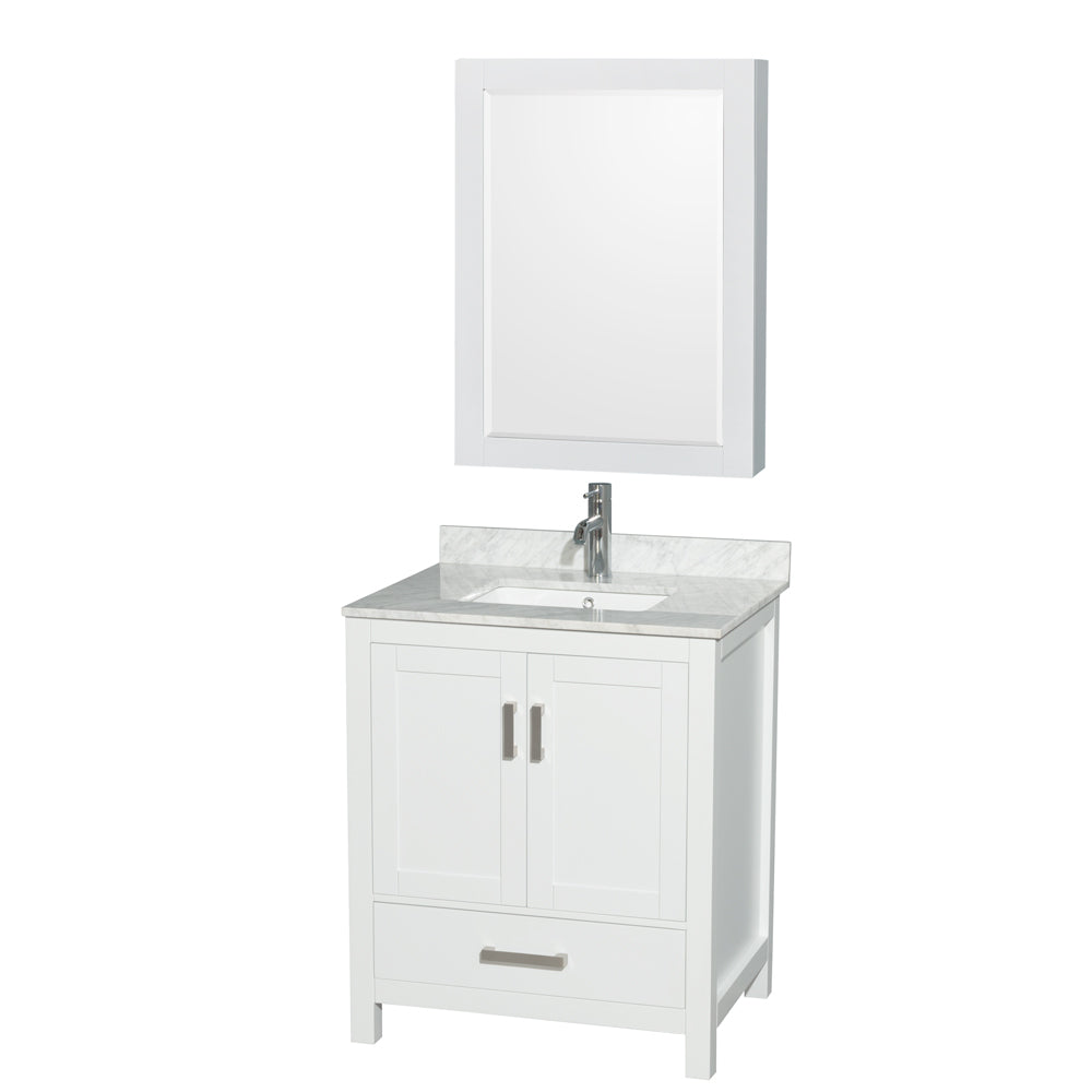 Sheffield 30 inch Single Bathroom Vanity in White, White Carrara Marble Countertop, Undermount Square Sink, and Medicine Cabinet