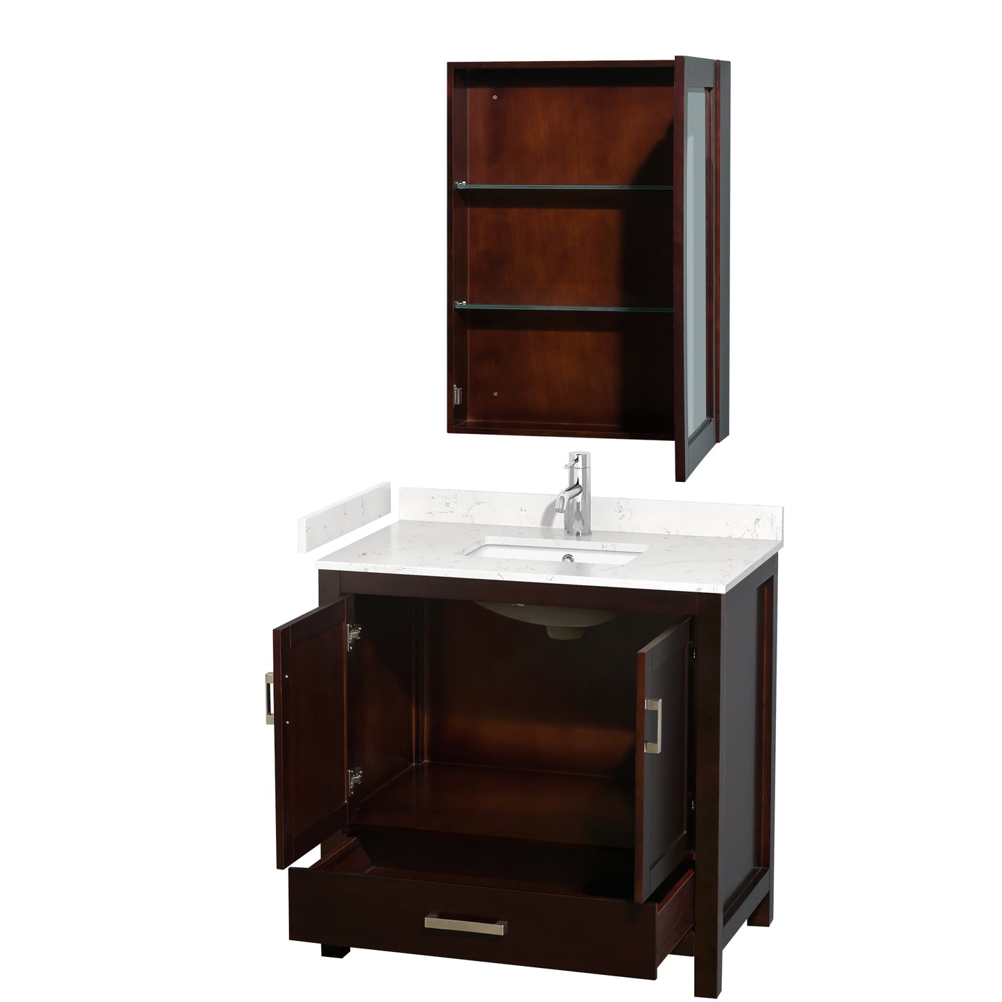 Sheffield 36" Single Vanity in Espresso, Carrara Marble Top, Medicine Cabinet