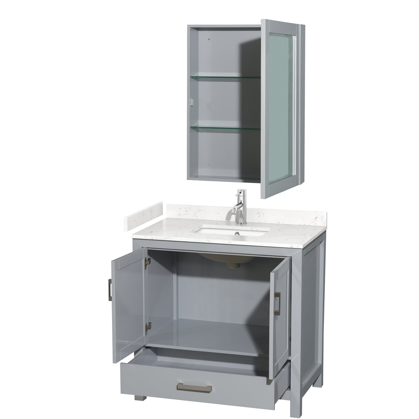 Sheffield 36" Single Vanity in Gray, Carrara Marble Top, Square Medicine Cabinet