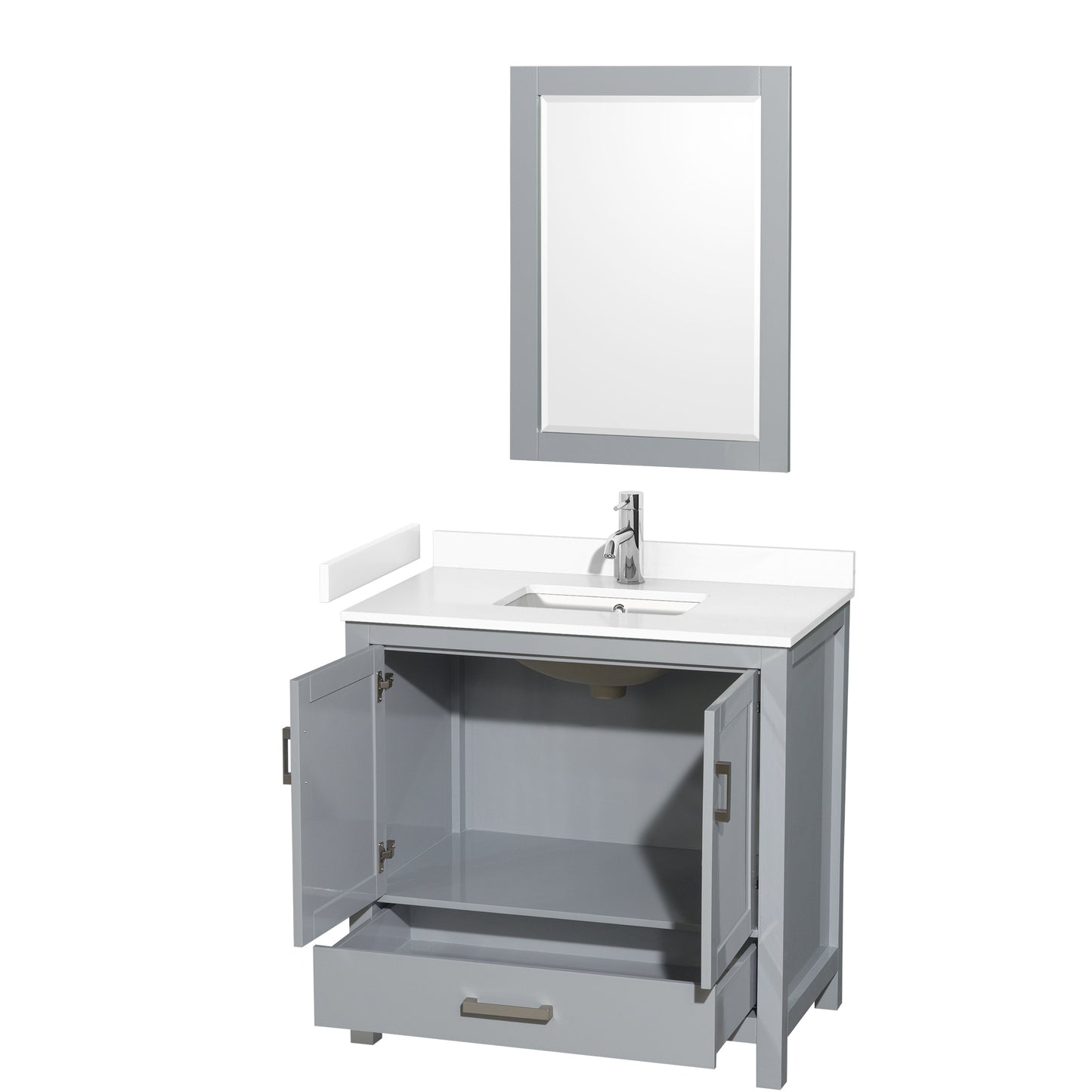 Sheffield 36" Single Vanity in Gray, White Marble Top, Square 24" Mirror