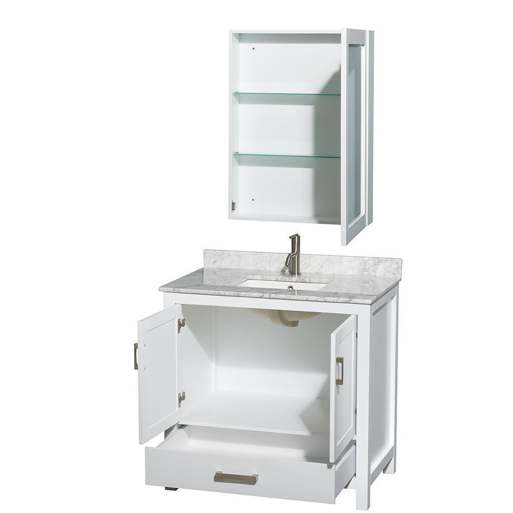 Sheffield 36" Single Vanity in White, Top, Square Sink, Medicine Cabinet