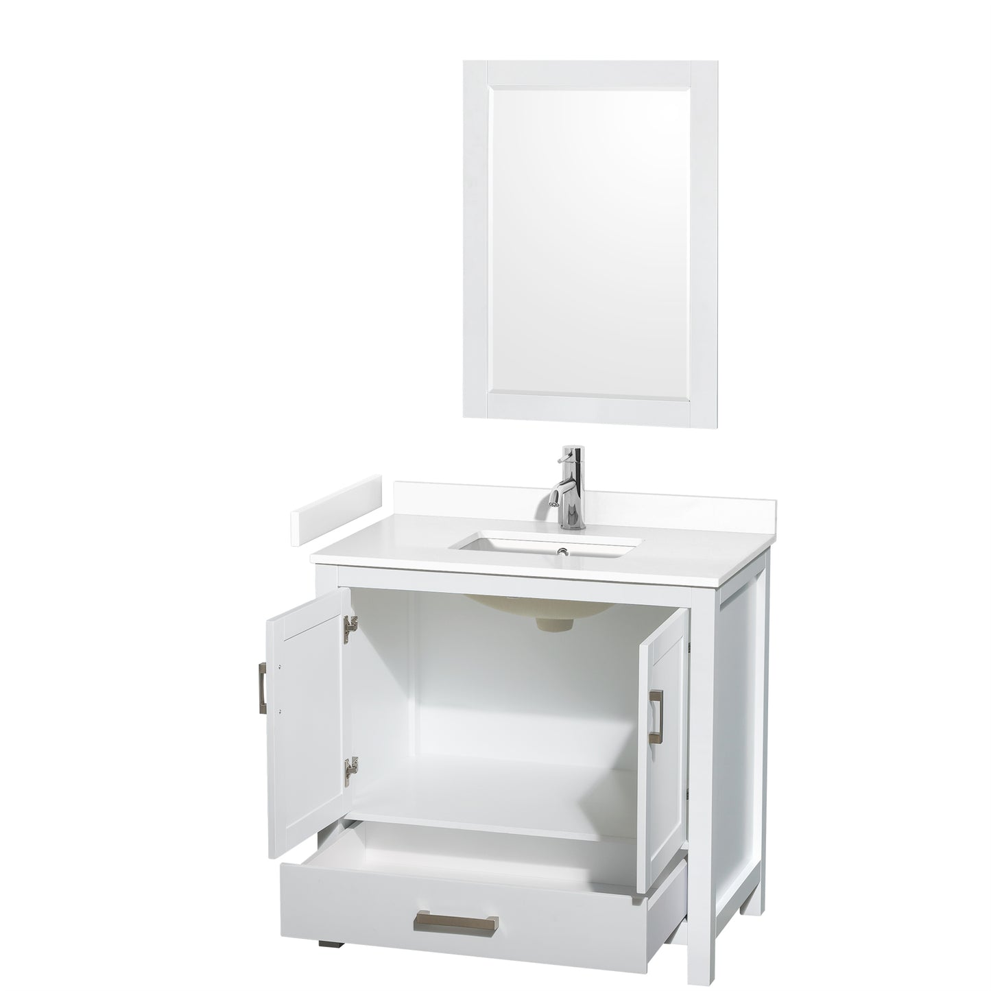 Sheffield 36" Single Vanity in White, White Marble Top, Square 24" Mirror