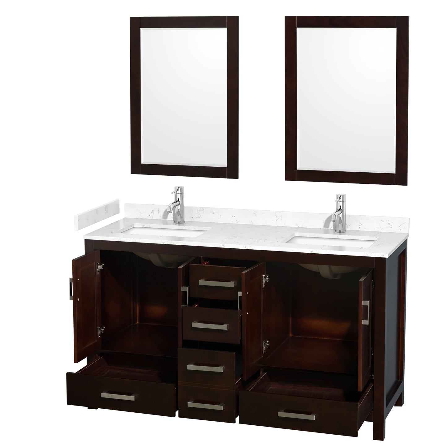 Sheffield 60" Double Vanity in Espresso, Carrara Marble Top, Square 24" Mirrors