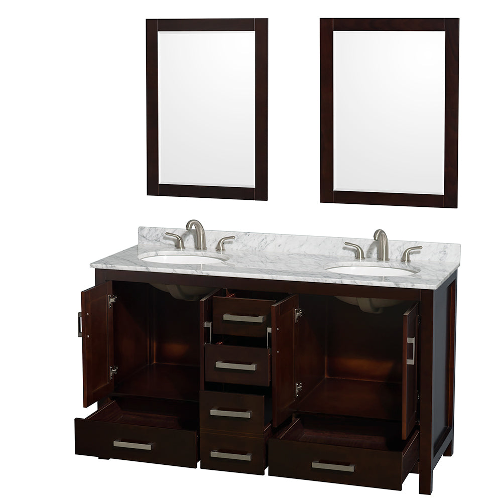 Sheffield 60" Double Vanity in Espresso, Top, Oval Sinks, 24" Mirrors