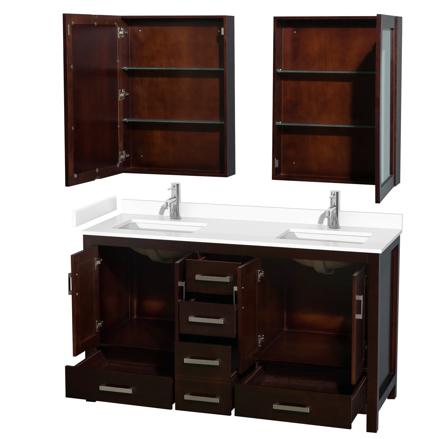 Sheffield 60" Double Vanity in Espresso, White Marble Top, Medicine Cabinets