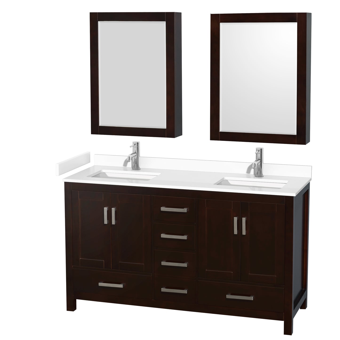 Sheffield 60" Double Vanity in Espresso, White Marble Top, Medicine Cabinets