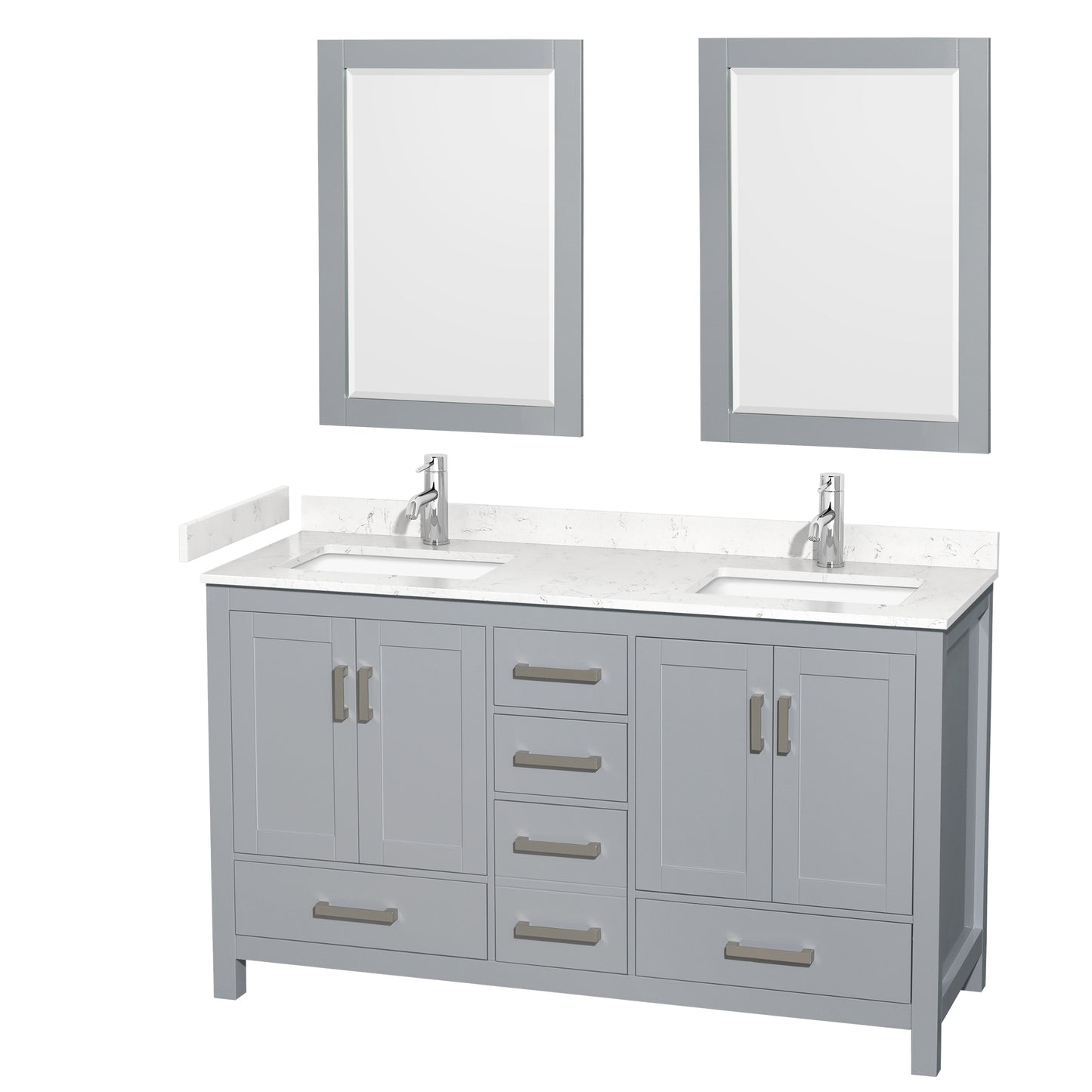 Sheffield 60" Double Vanity in Gray, Carrara Marble Top, Square 24" Mirrors