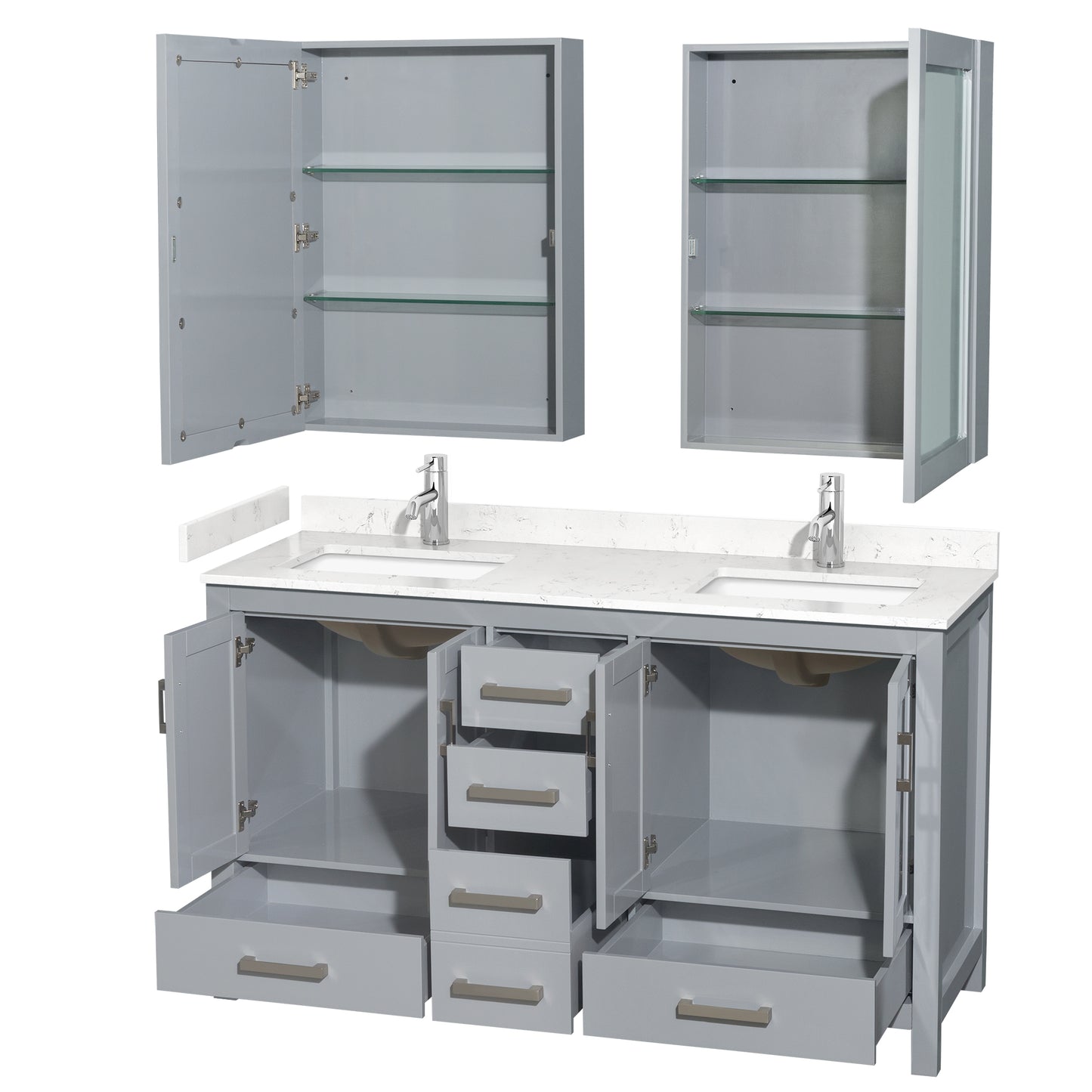 Sheffield 60" Double Vanity in Gray, Carrara Marble Top, Medicine Cabinets