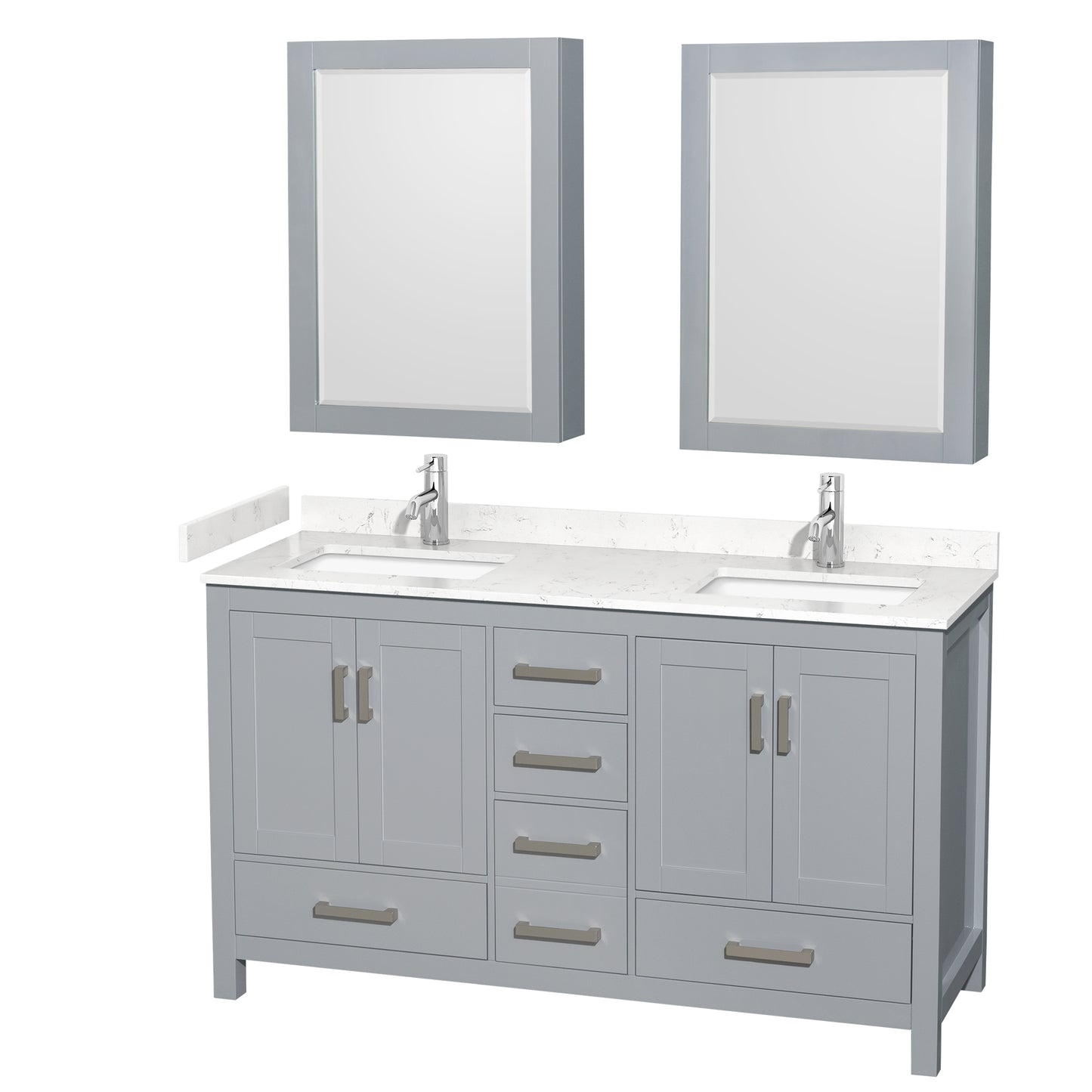 Sheffield 60" Double Vanity in Gray, Carrara Marble Top, Medicine Cabinets