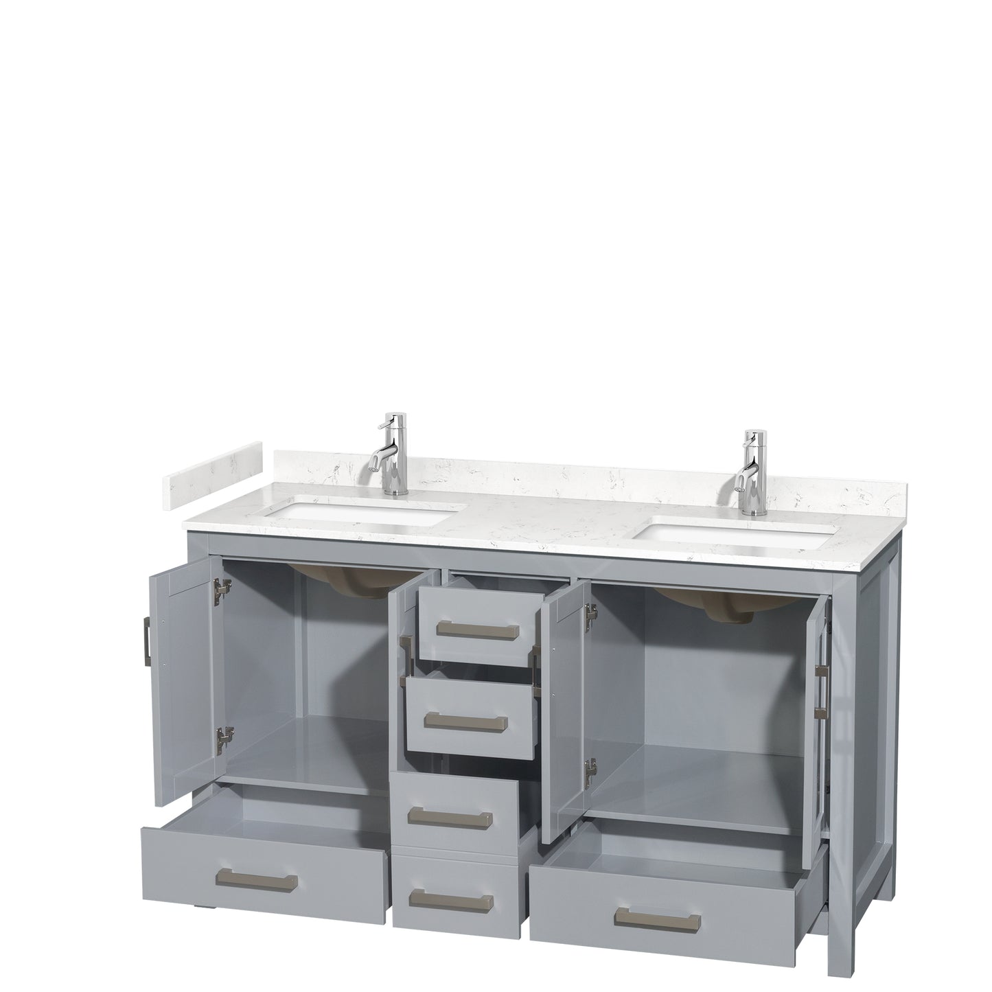Sheffield 60" Double Vanity in Gray, Carrara Marble Top, Square No Mirror