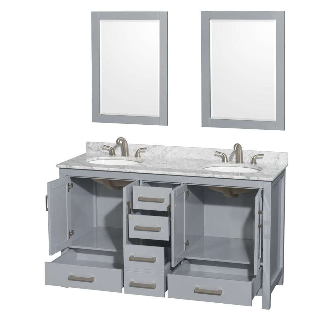 Sheffield 60" Double Vanity in Gray, Top, Oval Sinks, 24" Mirrors