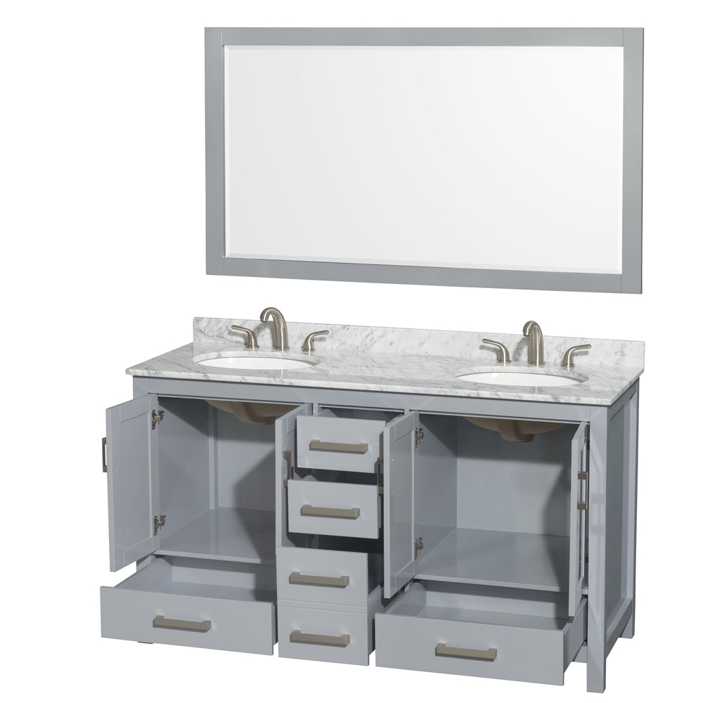 Sheffield 60" Double Vanity in Gray, Top, Oval Sinks, 58" Mirror