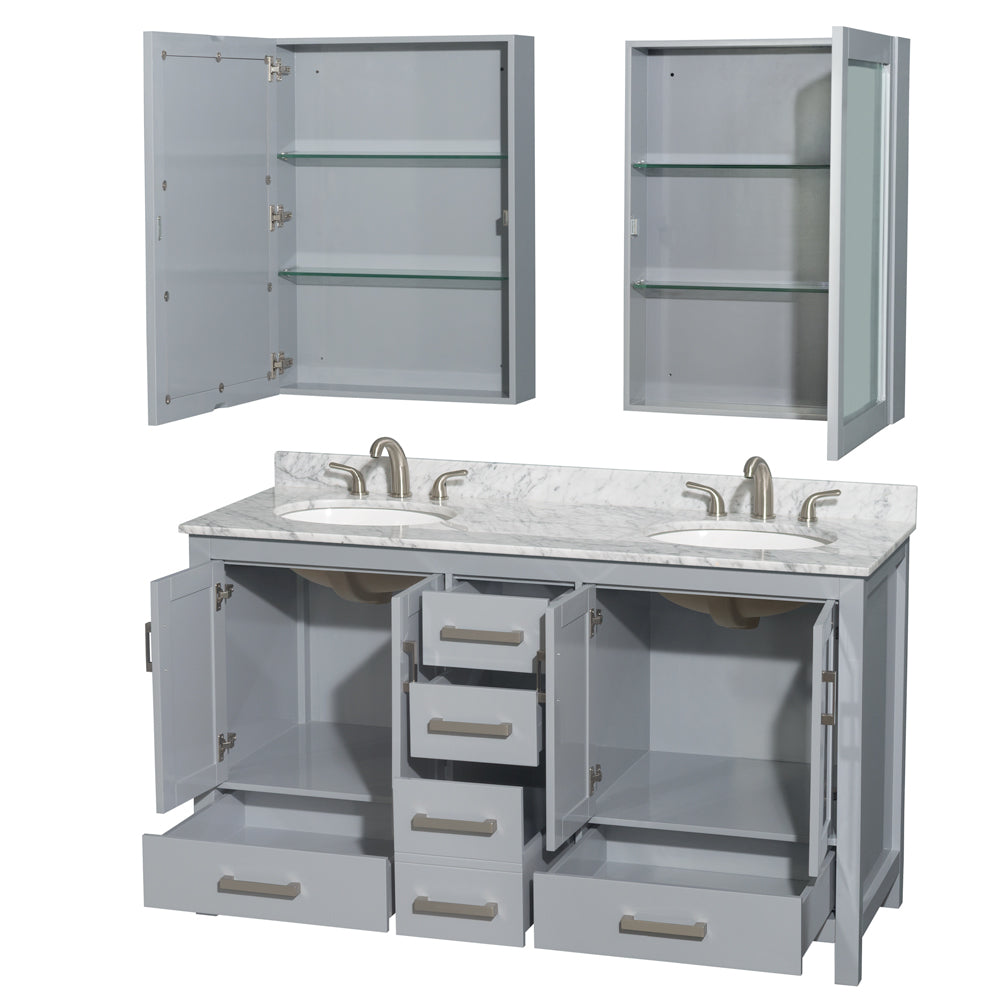 Sheffield 60" Double Vanity in Gray, Top, Oval Sinks, Medicine Cabinets