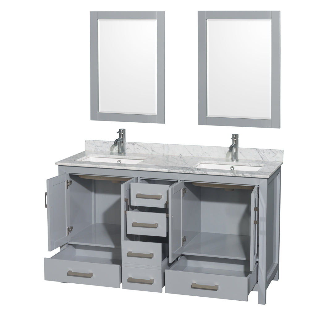 Sheffield 60" Double Vanity in Gray, Top, Square Sinks, 24" Mirrors