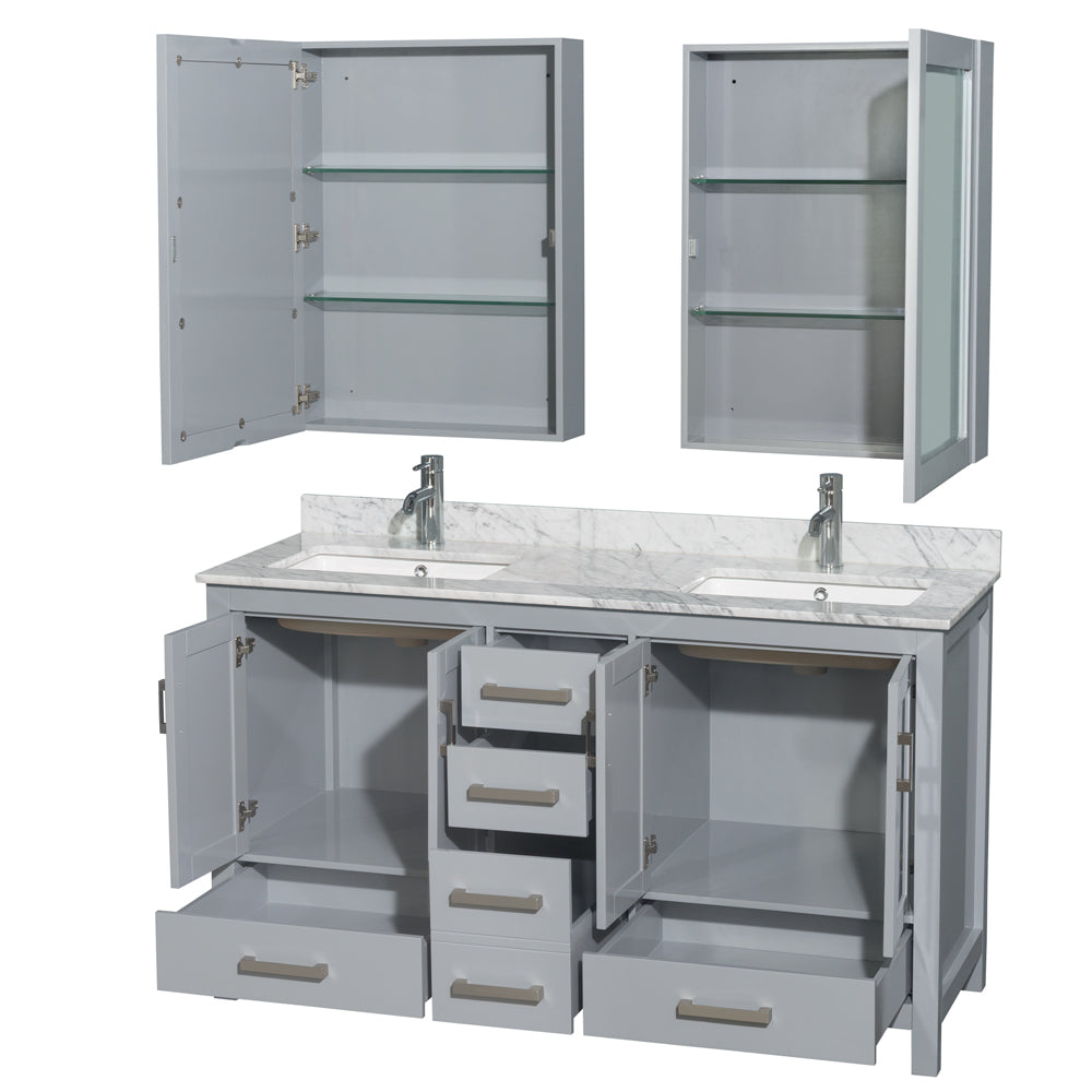 Sheffield 60" Double Vanity in Gray, Top, Square Sinks, Medicine Cabinets