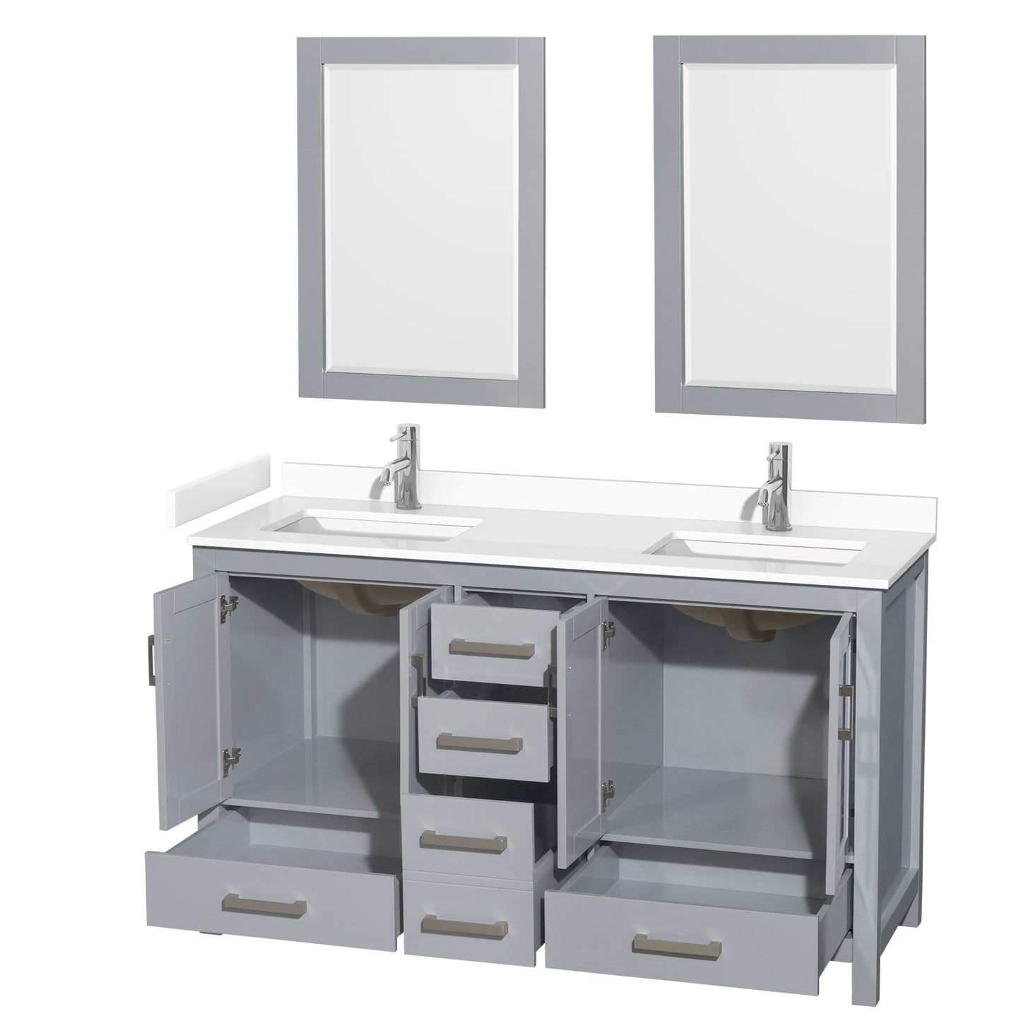 Sheffield 60" Double Vanity in Gray, White Marble Top, Square 24" Mirrors