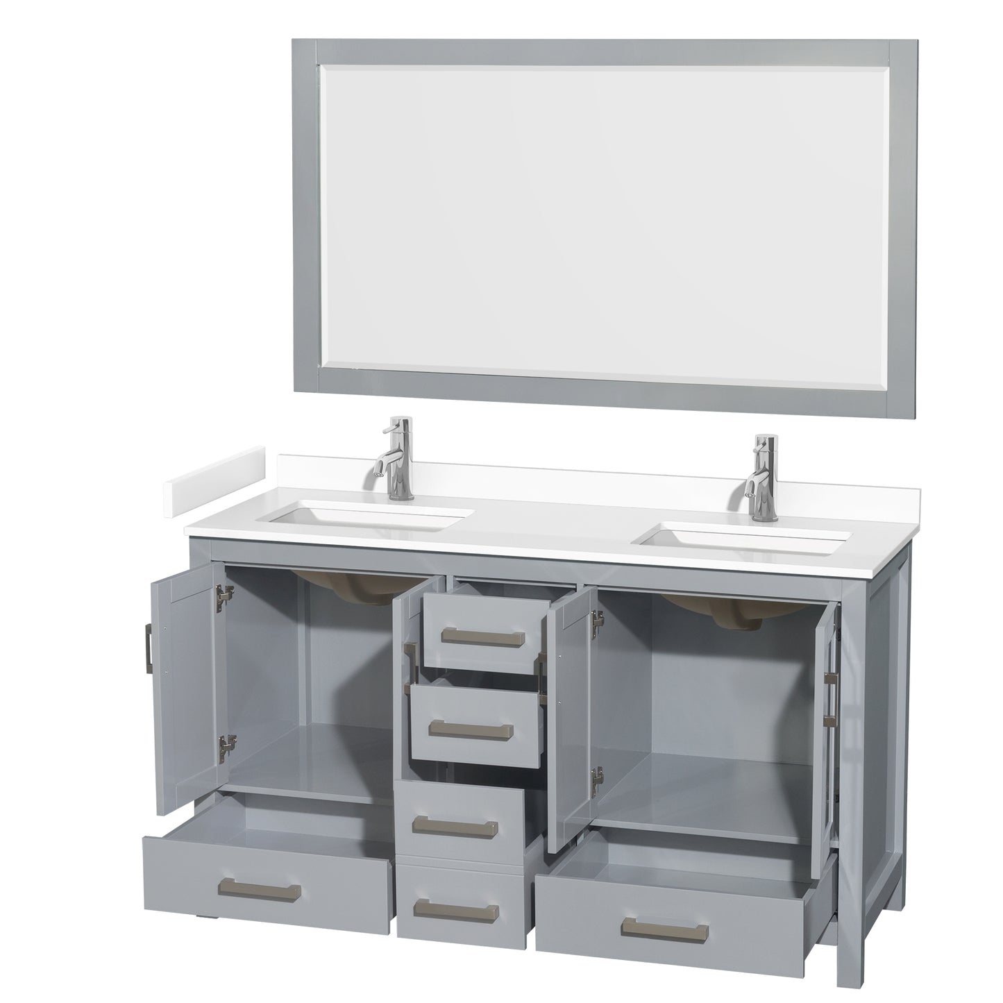 Sheffield 60" Double Vanity in Gray, White Marble Top, Square 58" Mirror
