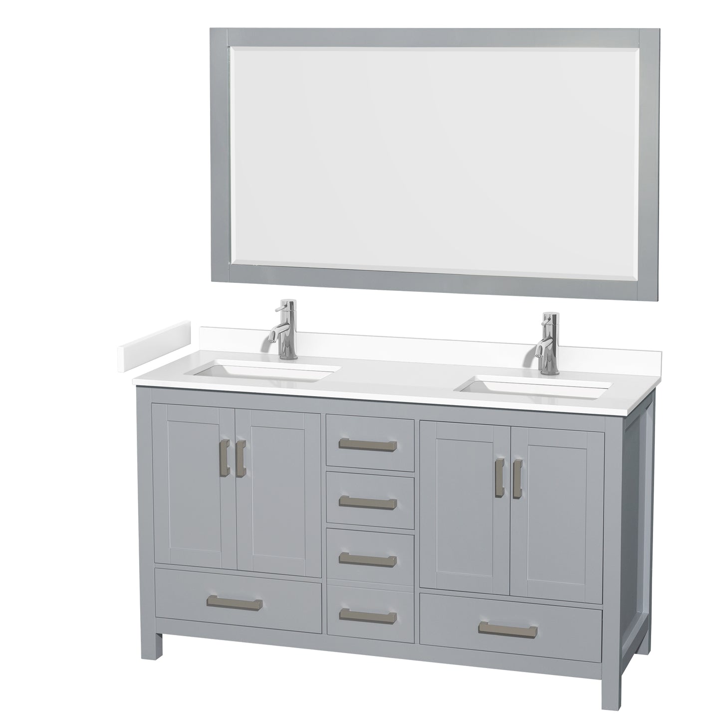 Sheffield 60" Double Vanity in Gray, White Marble Top, Square 58" Mirror