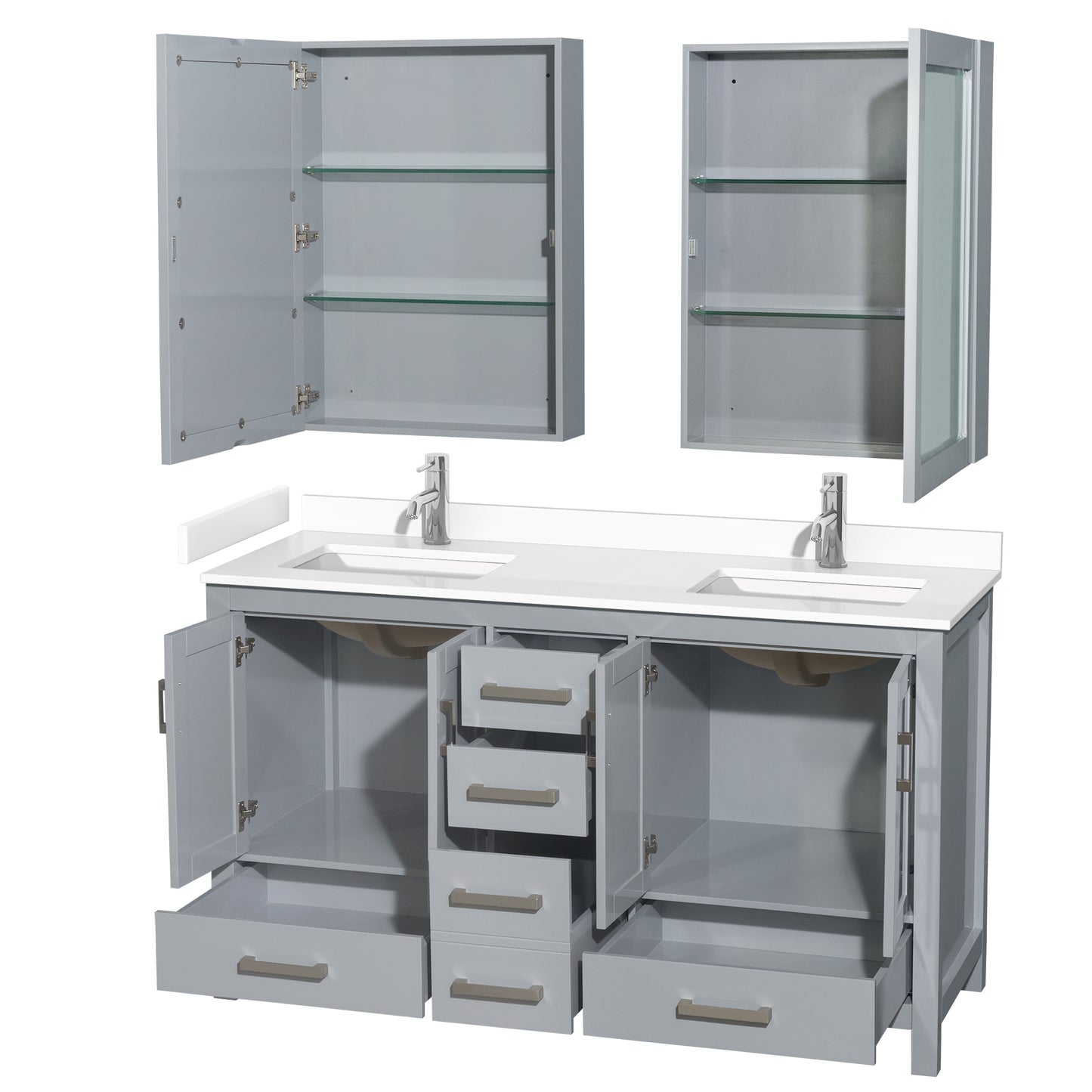Sheffield 60" Double Vanity in Gray, White Marble Top, Square Medicine Cabinets